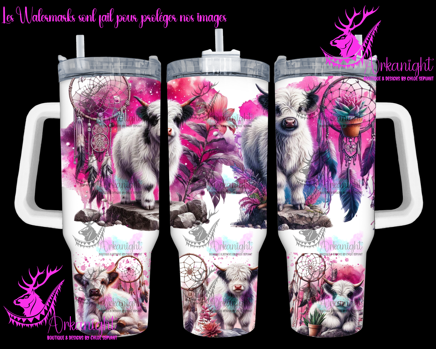 Gourde 40 oz sur commande - White and Pink Highland cow