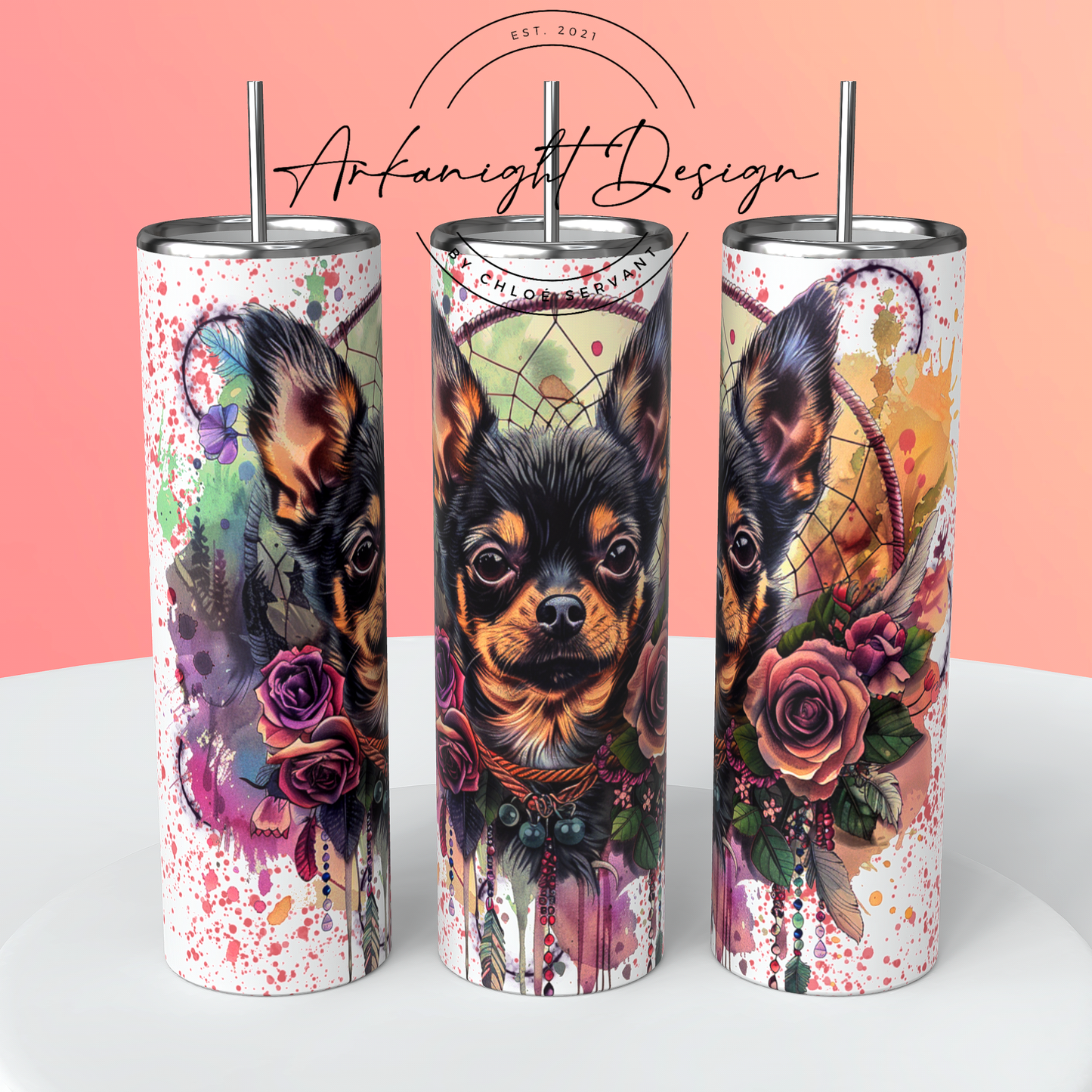 Gourde sur commande - Watercolor Boho Black & Tan Chihuahua