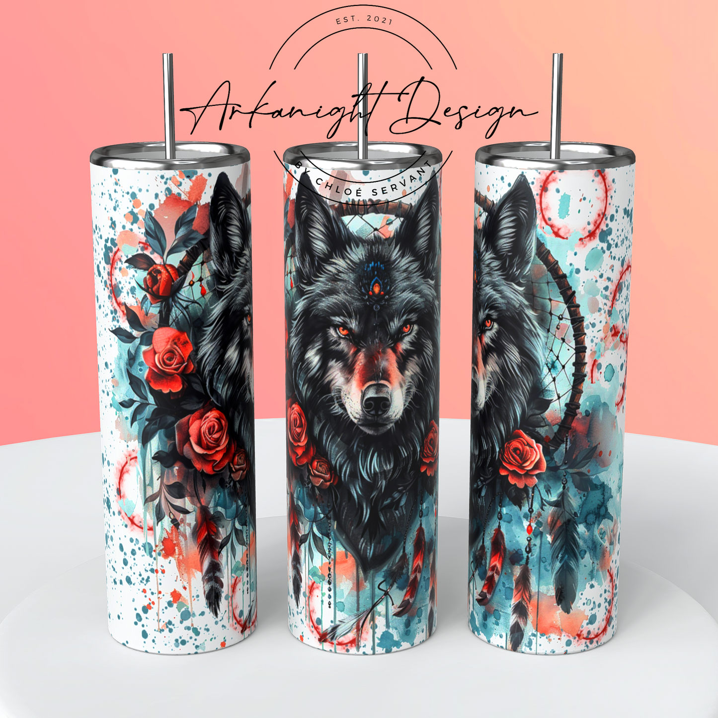 Gourde sur commande - Watercolor Boho Black Wolf