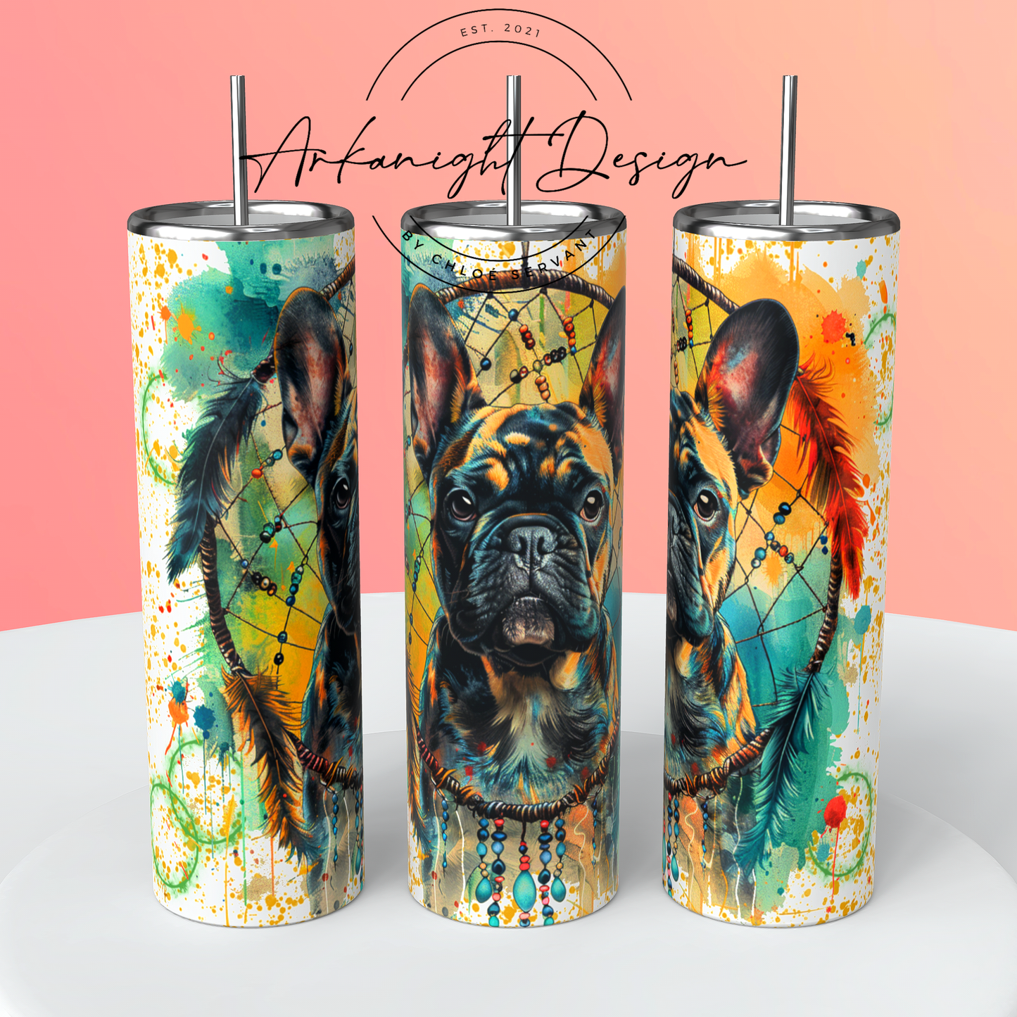 Gourde sur commande - Watercolor Boho French Bulldog Black & Tan Merle