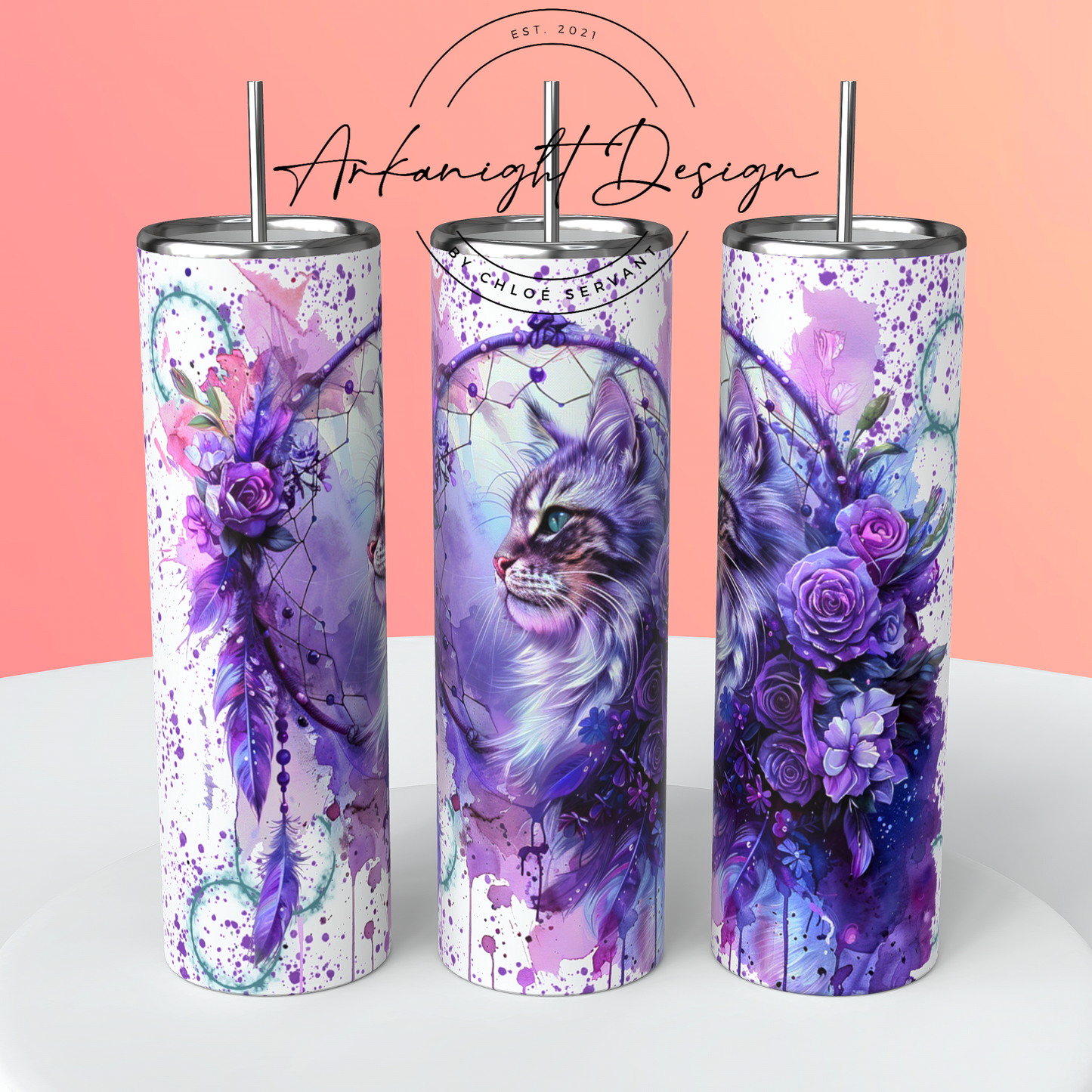 Gourde sur commande - Watercolor Boho Purple cat