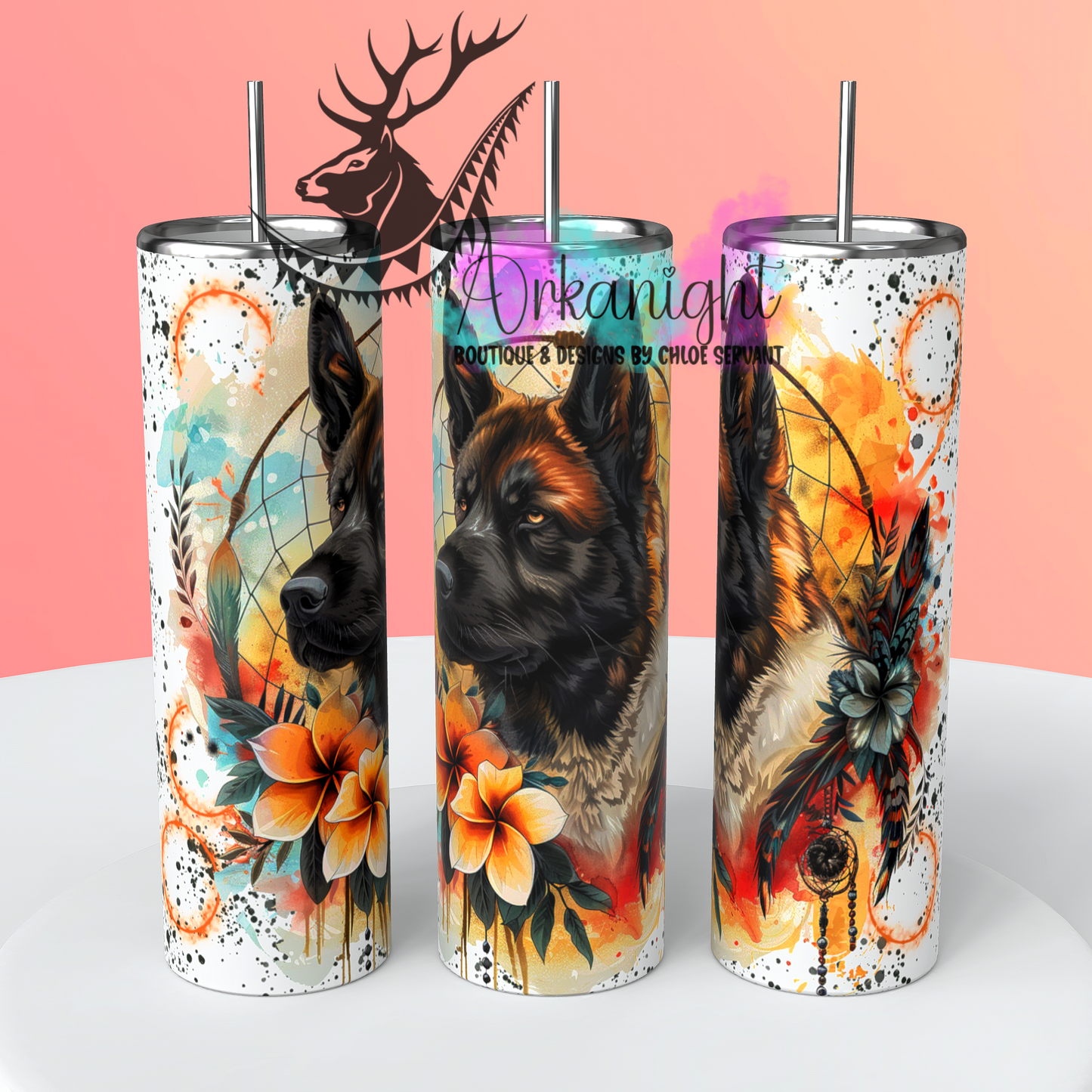 Gourde sur commande - Watercolor Boho American Akita - 01