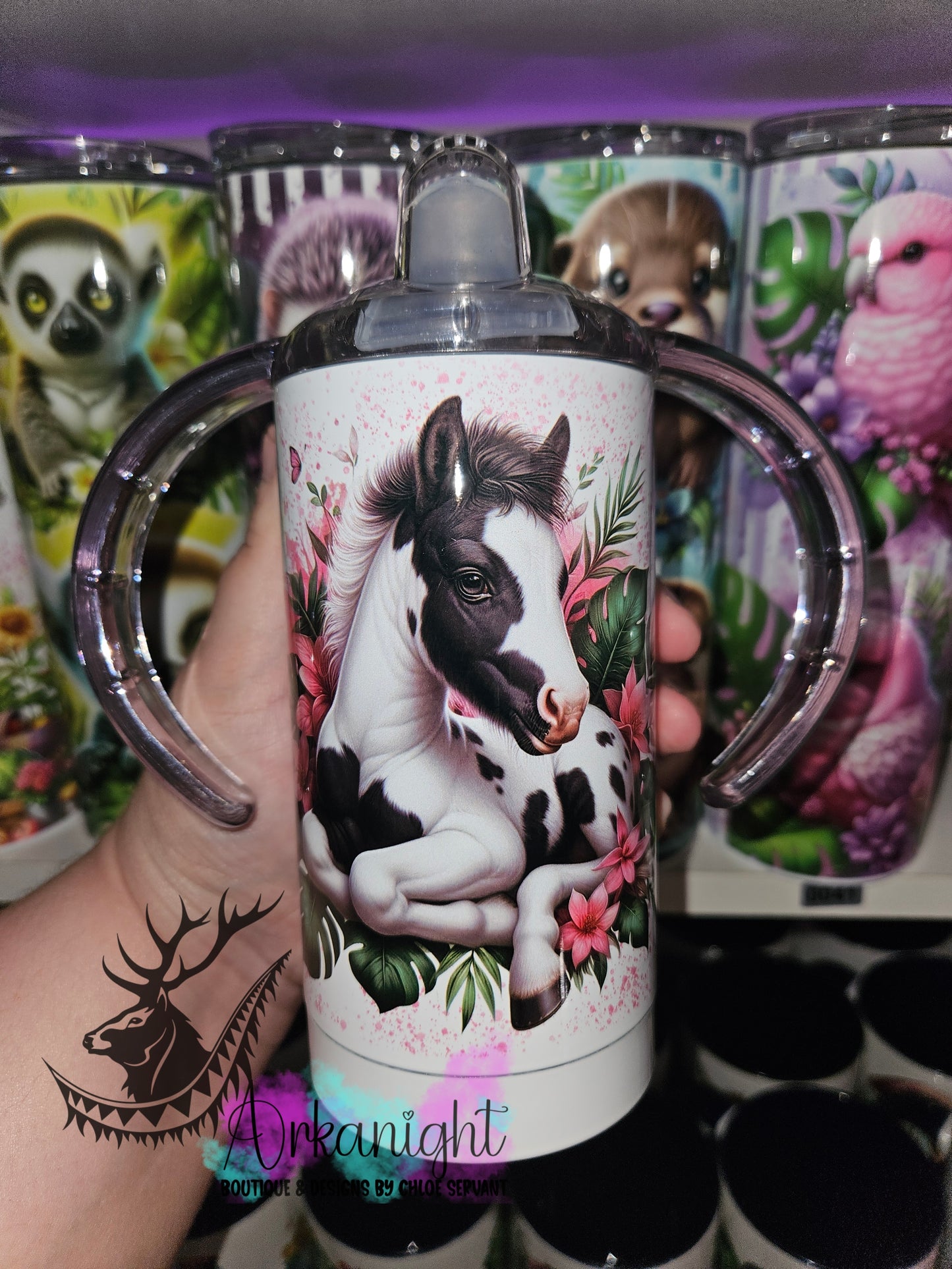 Gourde - Biberon Évolutif sur commande - Monstera & Animals - Poulain Paint Horse - Noir & Blanc