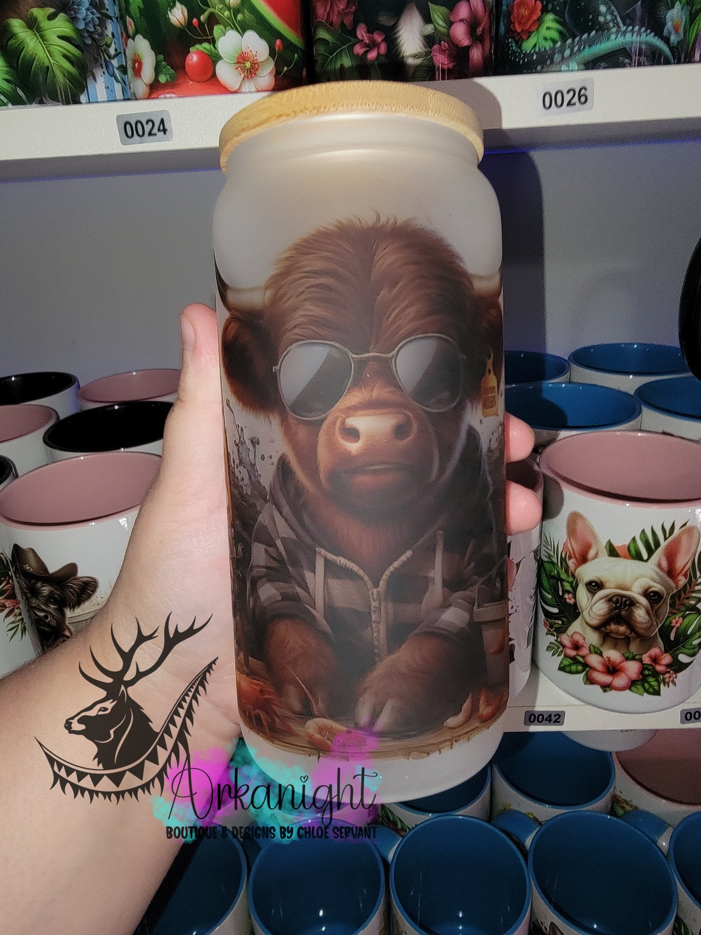 Verre en vitre givré 16oz & Couvercle en Bambou - Highland Cow Pêcheurs de Homards