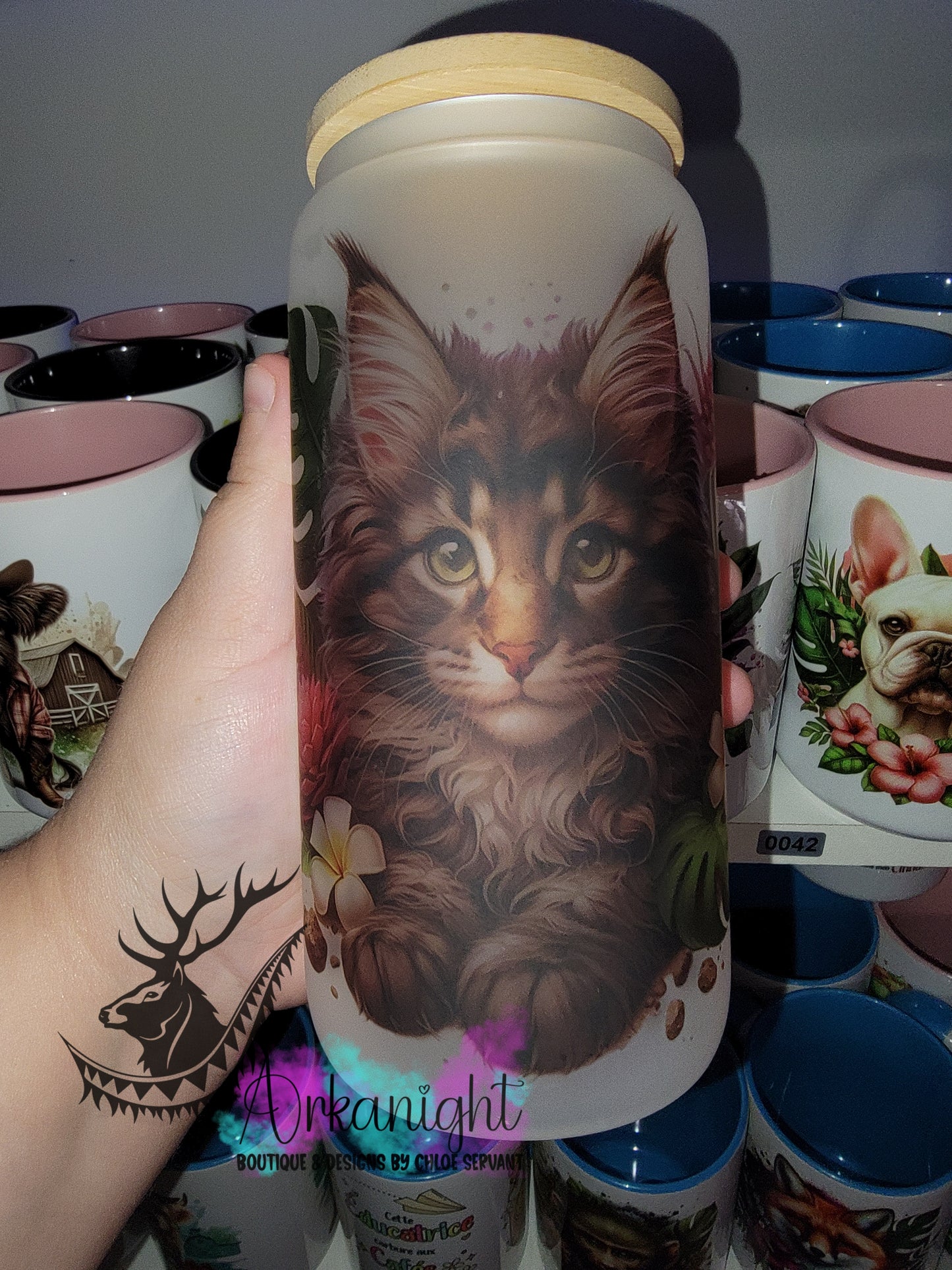 Verre en vitre givré 16oz & Couvercle en Bambou - Bébé Mainecoon Tigré