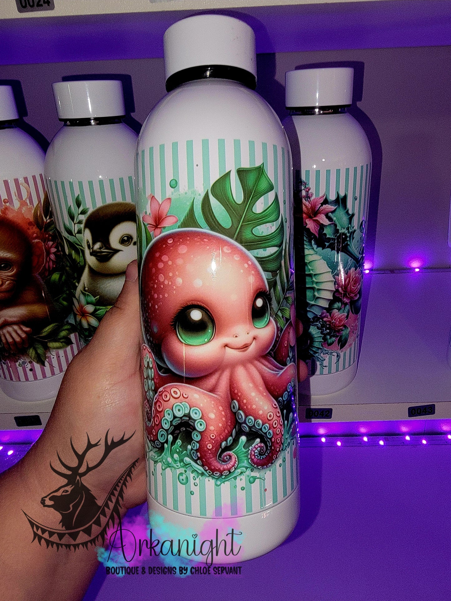 Bouteille d'eau 17 OZ Sur Commande - Isotherme - Monstera & Animals - Pieuvre Rose & Turquoise