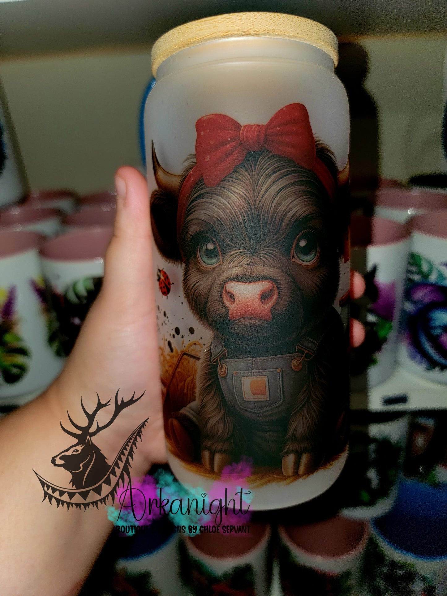 Verre en vitre givré 16oz & Couvercle en Bambou - Vache Femelle Fermière