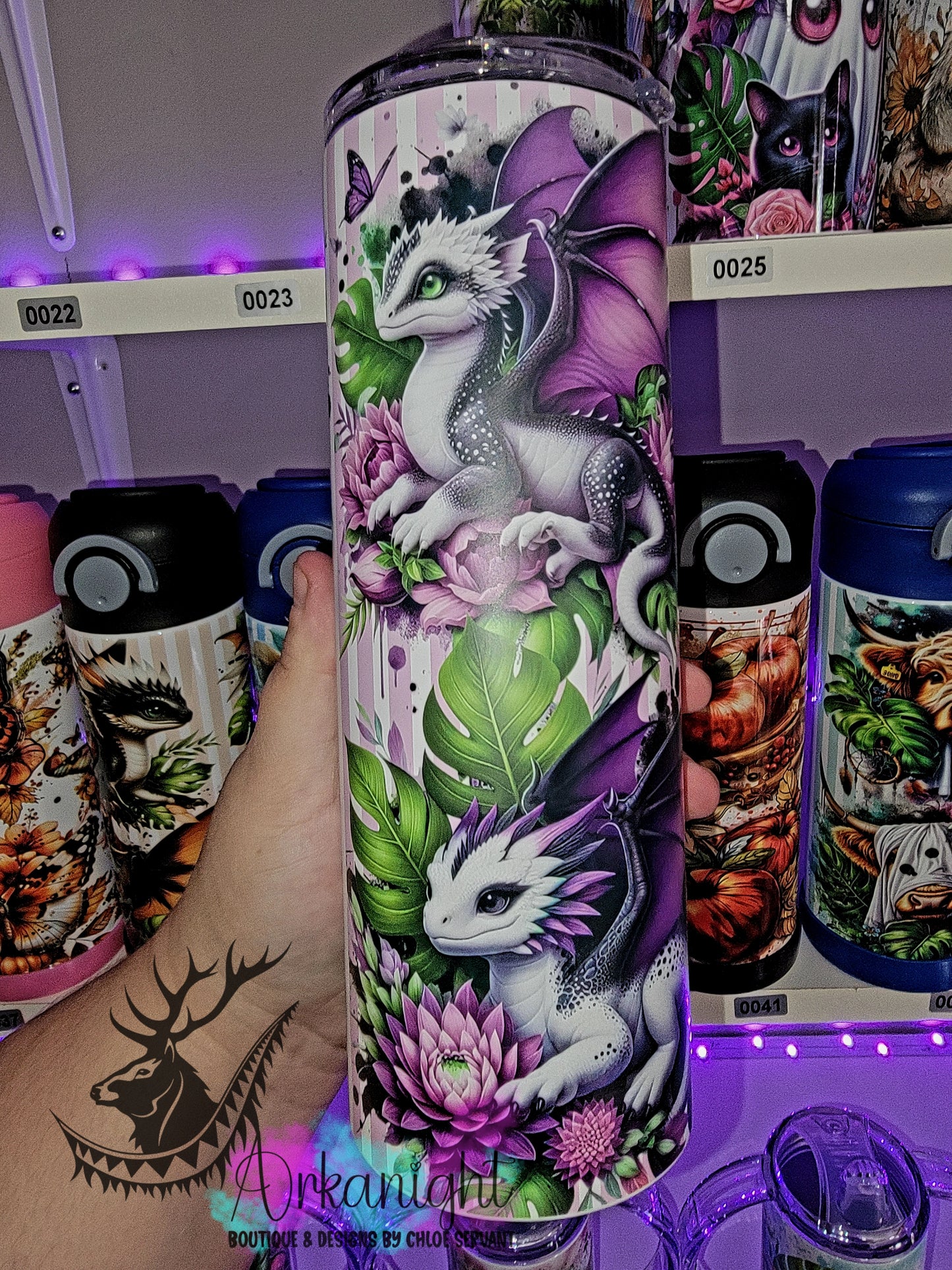 Gourde sur commande - Collection Monstera & Bébé Dragon - Blanc, Noir & Lilas