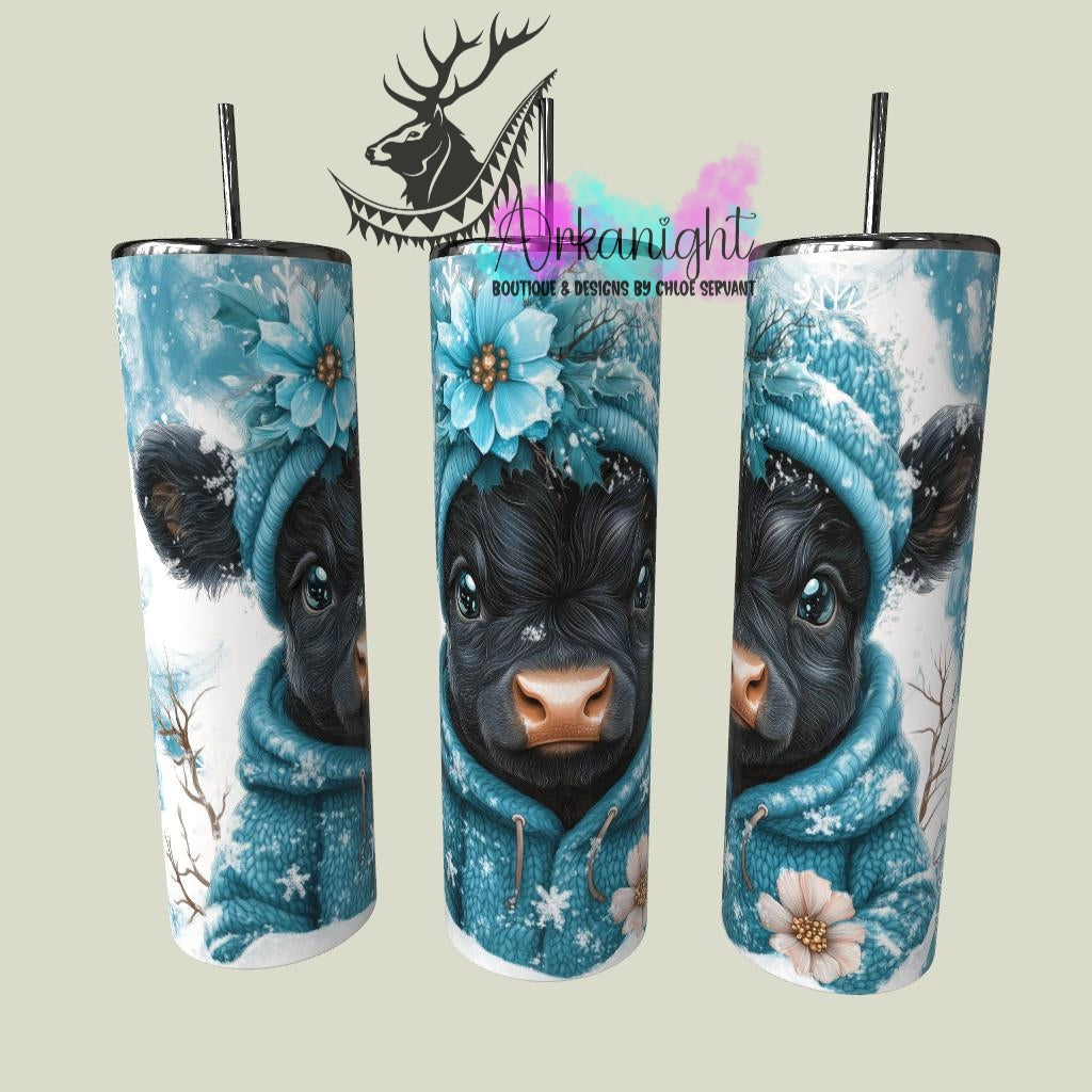 Gourde sur commande - Collection Hiver & Noël 2025 - Vache Highland Noire - Bleu