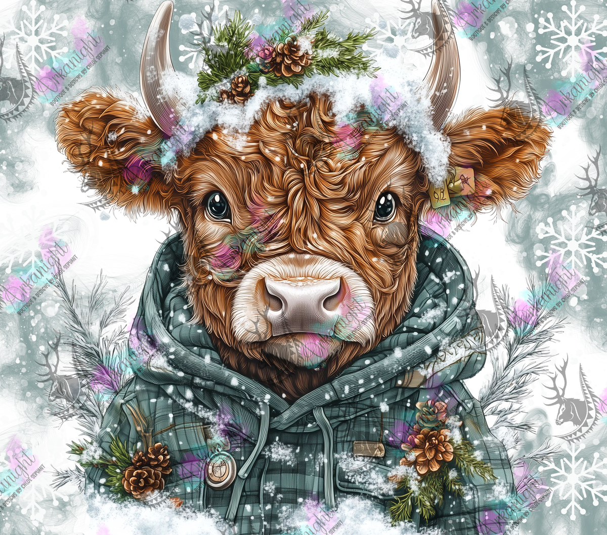 Numérique - Collection Hiver & Noël 2025 - Vache Highland Rousse - Verte