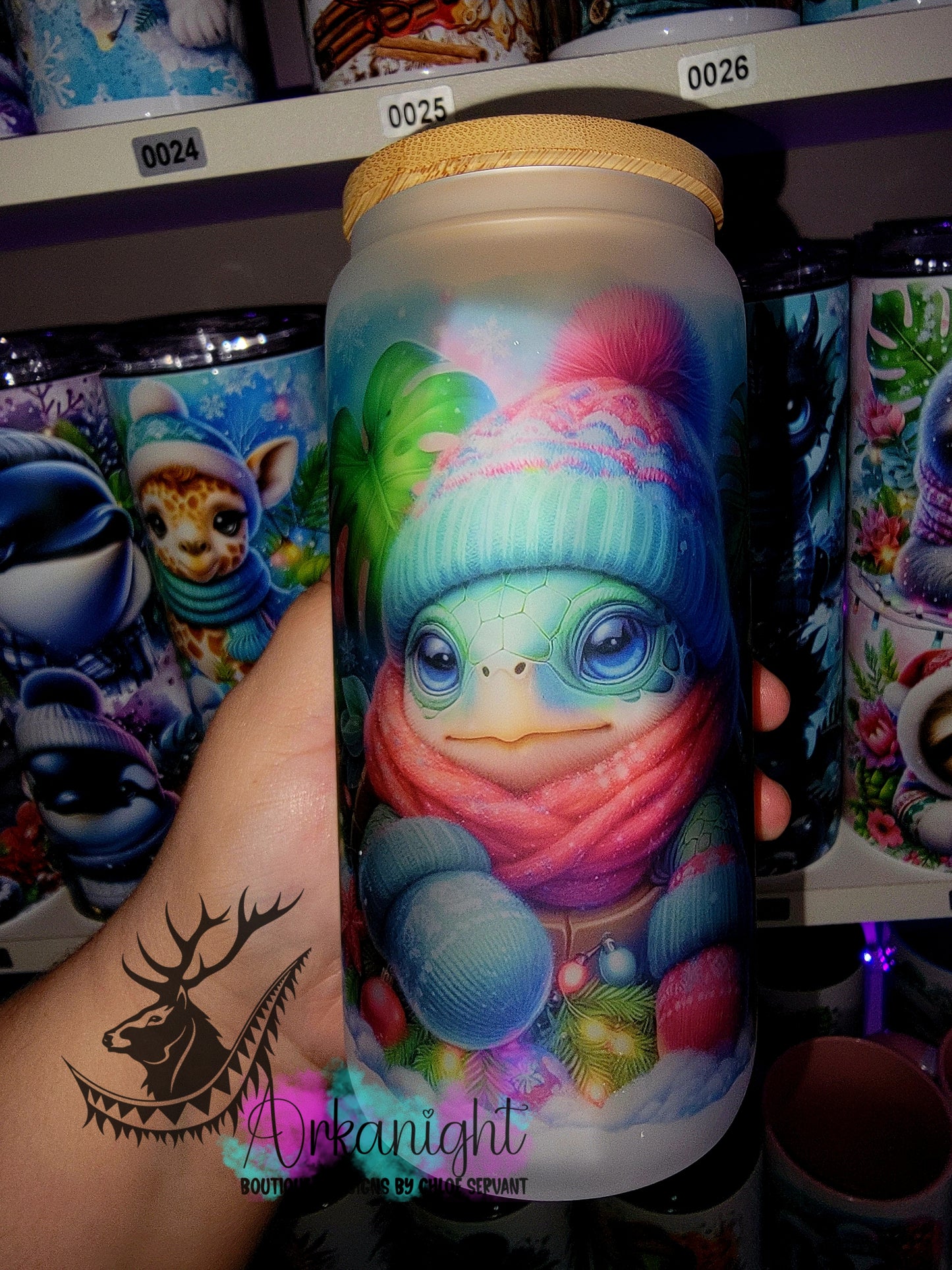 Verre en vitre givré 16oz & Couvercle en Bambou - Collection Hiver 2025 - Tortue