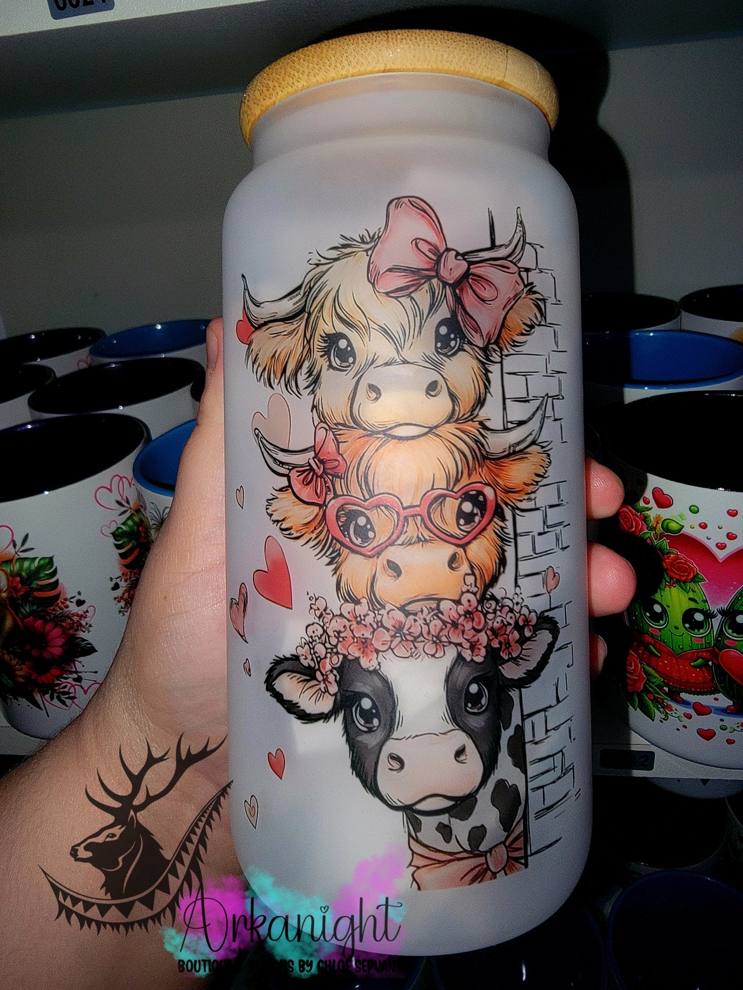 Verre en vitre givré 16oz & Couvercle en Bambou - Collection Saint-Valentin - Trilogie de Vache coquettes