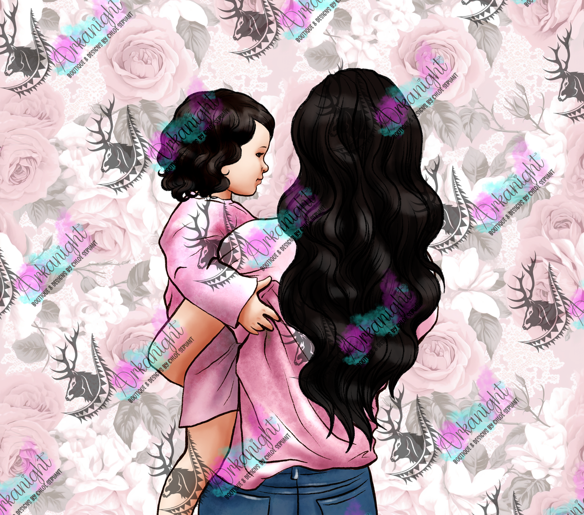 Numérique - Collection Fête des mères 2026 - Maman & Fillette - Cheveux Brun , Blond , Noir - Thème Rose