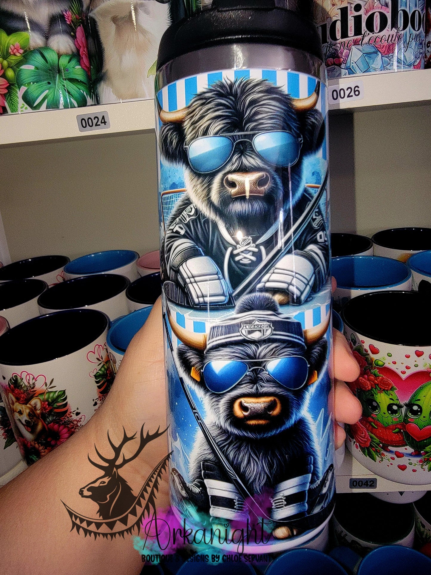 Gourde sur commande - Couvercle à café - 14 oz - Hockey Highland Cow