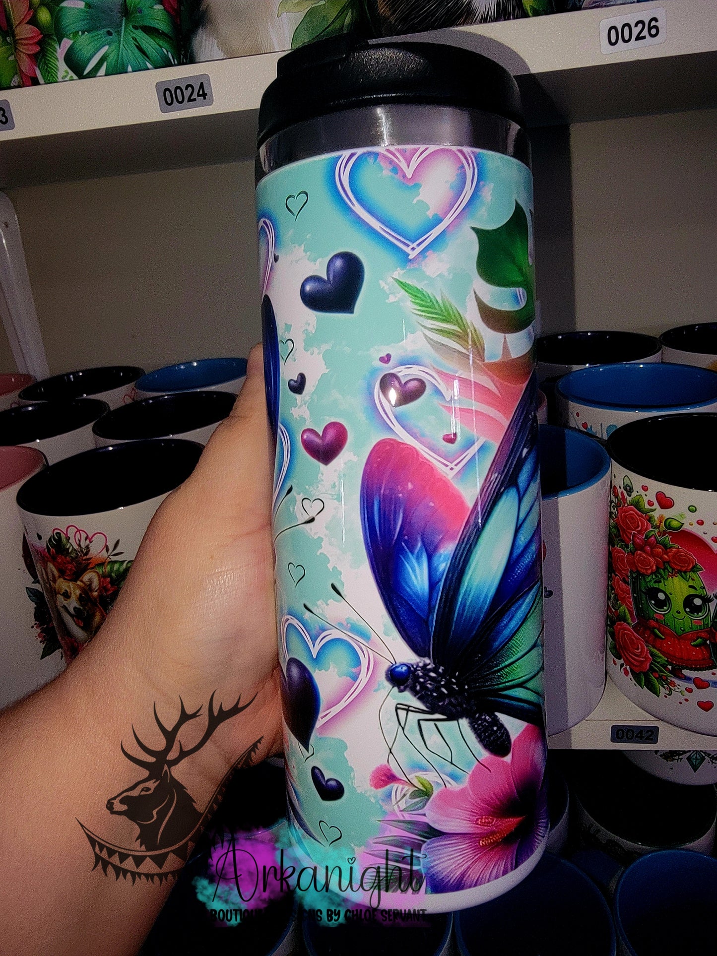 Gourde sur commande - Couvercle à café - 14 oz - Papillons Amoureux