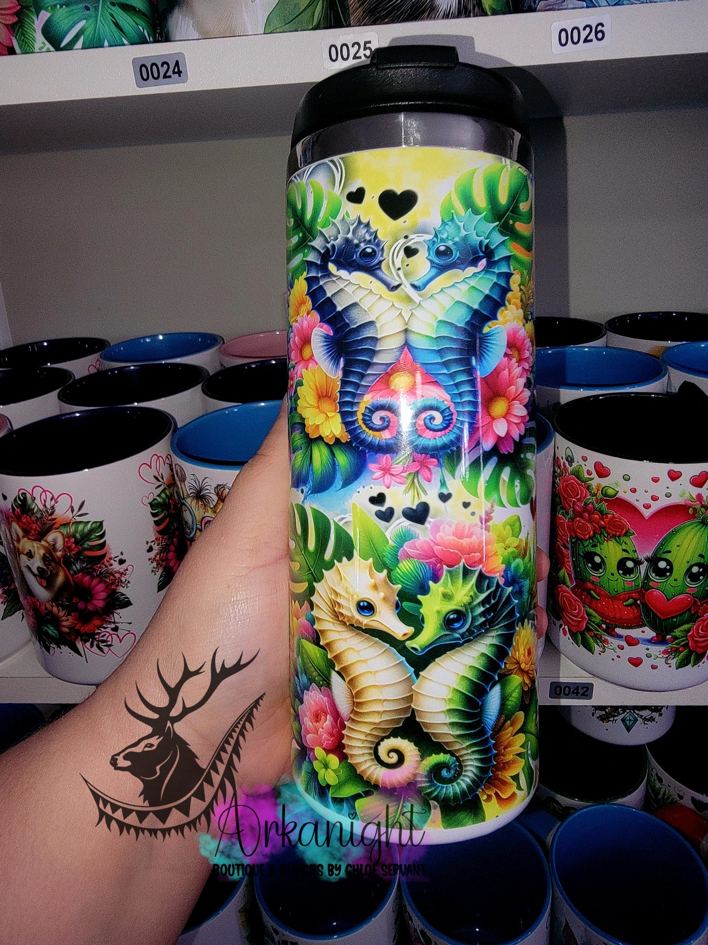 Gourde sur commande - Couvercle à café - 14 oz - Hippocampes Amoureux