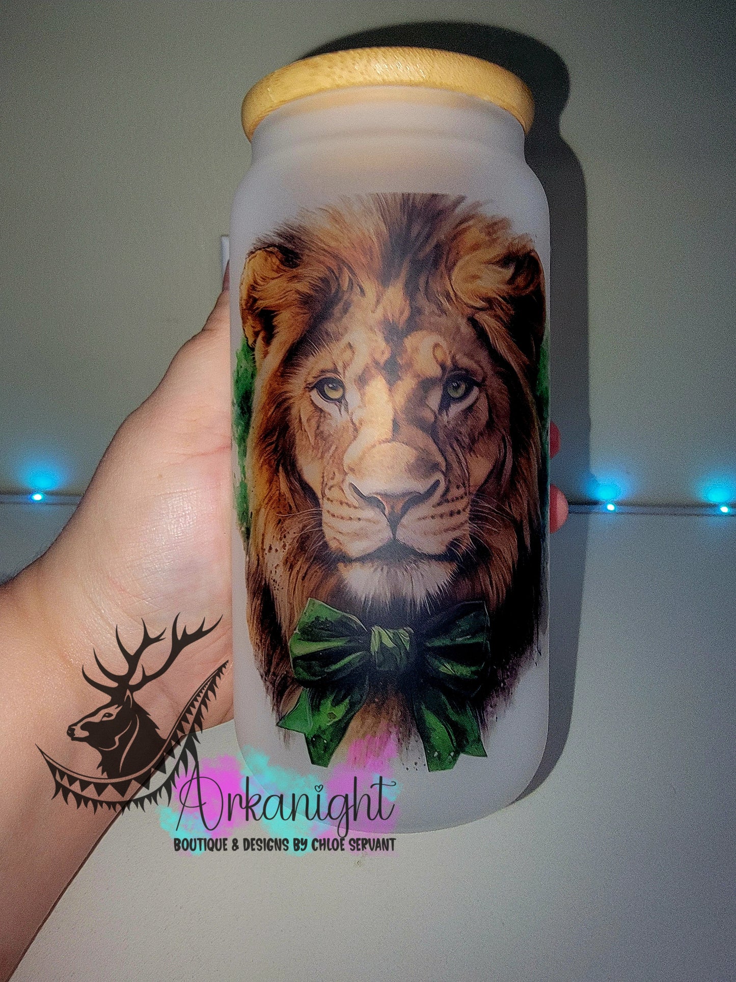 Verre en vitre givré 16oz & Couvercle en Bambou - Collection Watercolor Realism - Lion