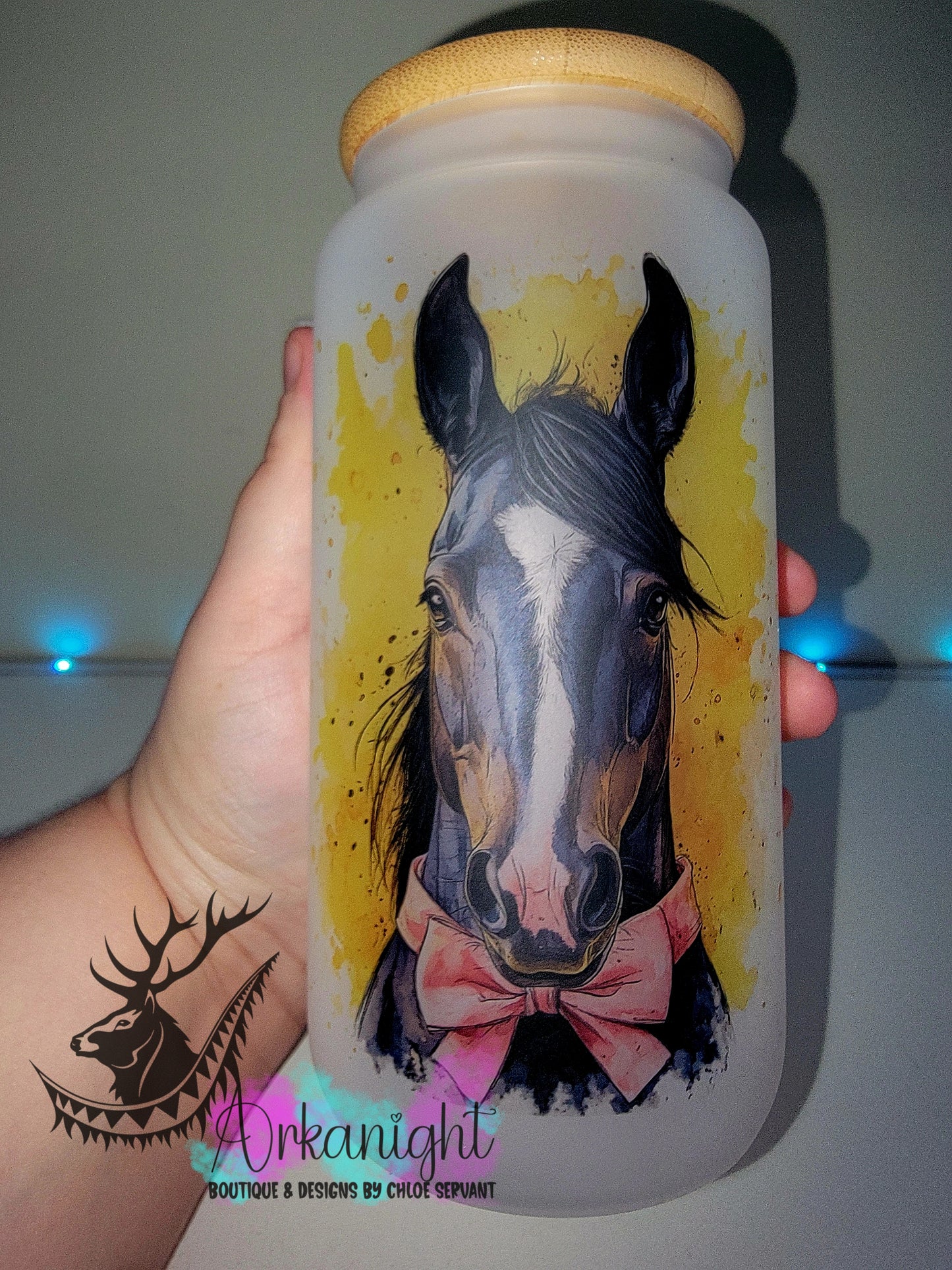 Verre en vitre givré 16oz & Couvercle en Bambou - Cheval Brun/Noir - Tont Jaune