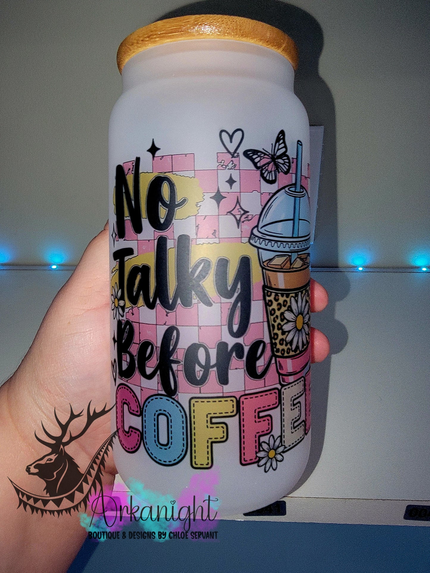 Verre en vitre givré 16oz & Couvercle en Bambou - No Talky Before Coffee