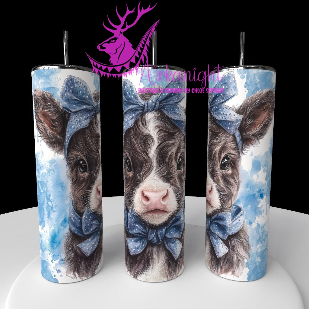 Gourde sur commande - Watercolor Realism - Vache Highland Noir & Blanche - Teinte de bleu
