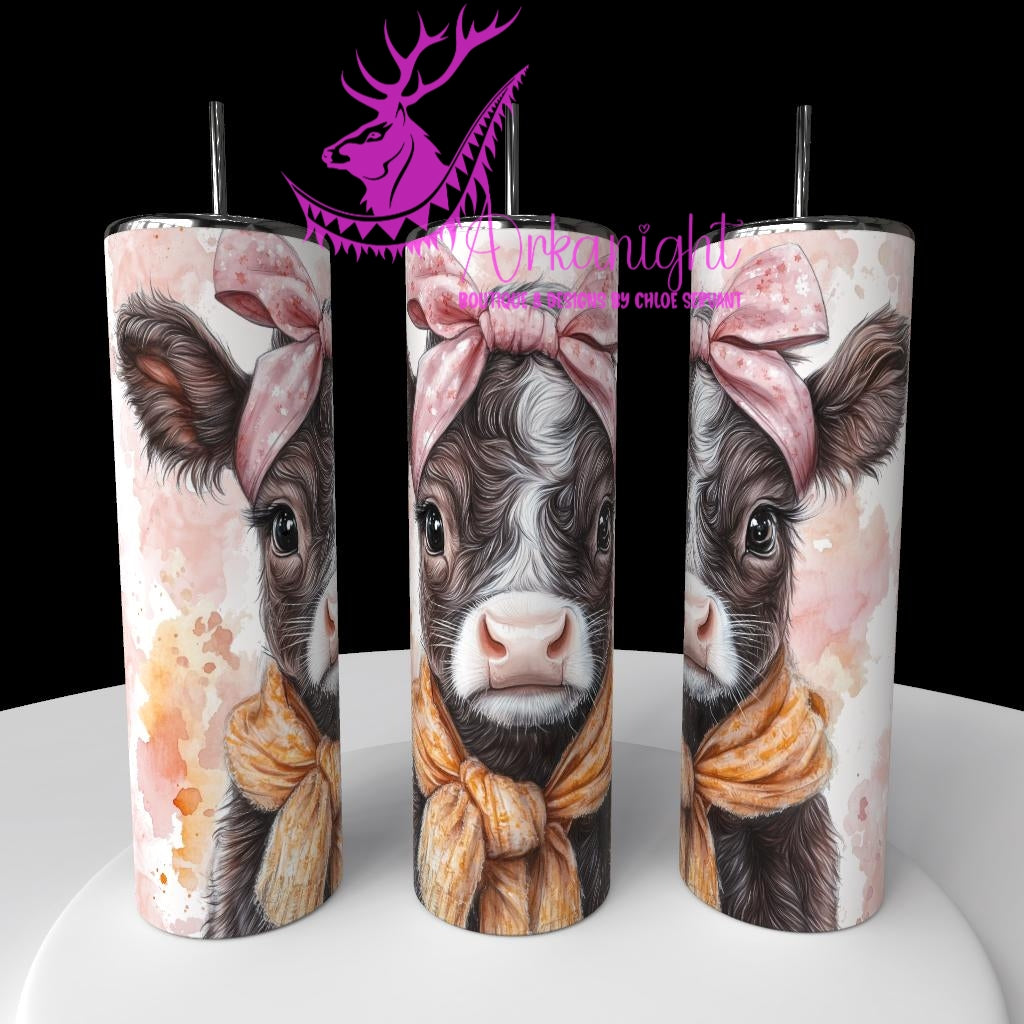 Gourde sur commande - Watercolor Realism - Vache Highland Brune chocolat & Blanche - Teinte de corail / Boucle Rose