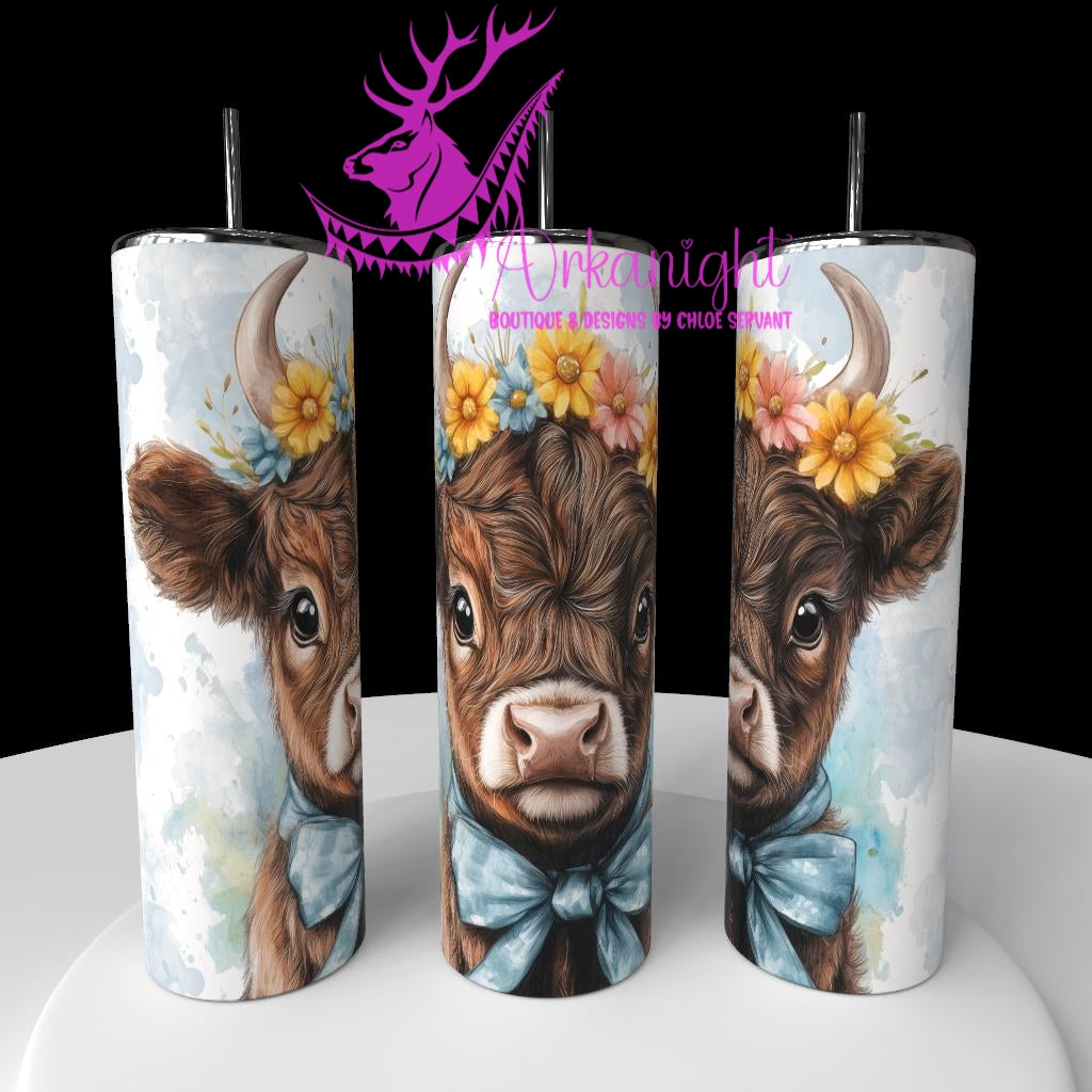 Gourde sur commande - Watercolor Realism - Vache Brune - Teinte Sarcelle / Boucle fleurie