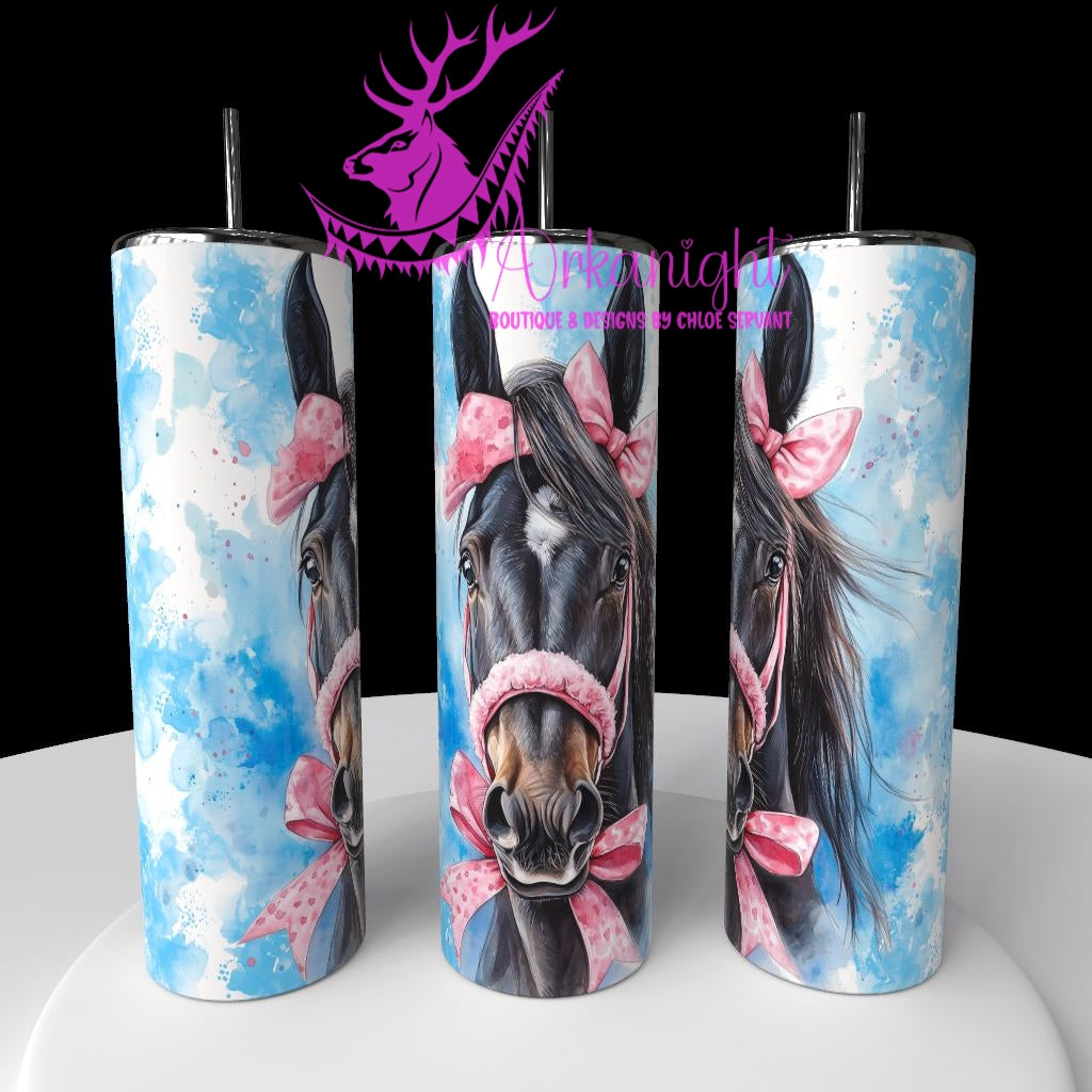 Gourde sur commande - Watercolor Realism - Cheval Noir/Bun - Teinte Bleu / Boucle Rose
