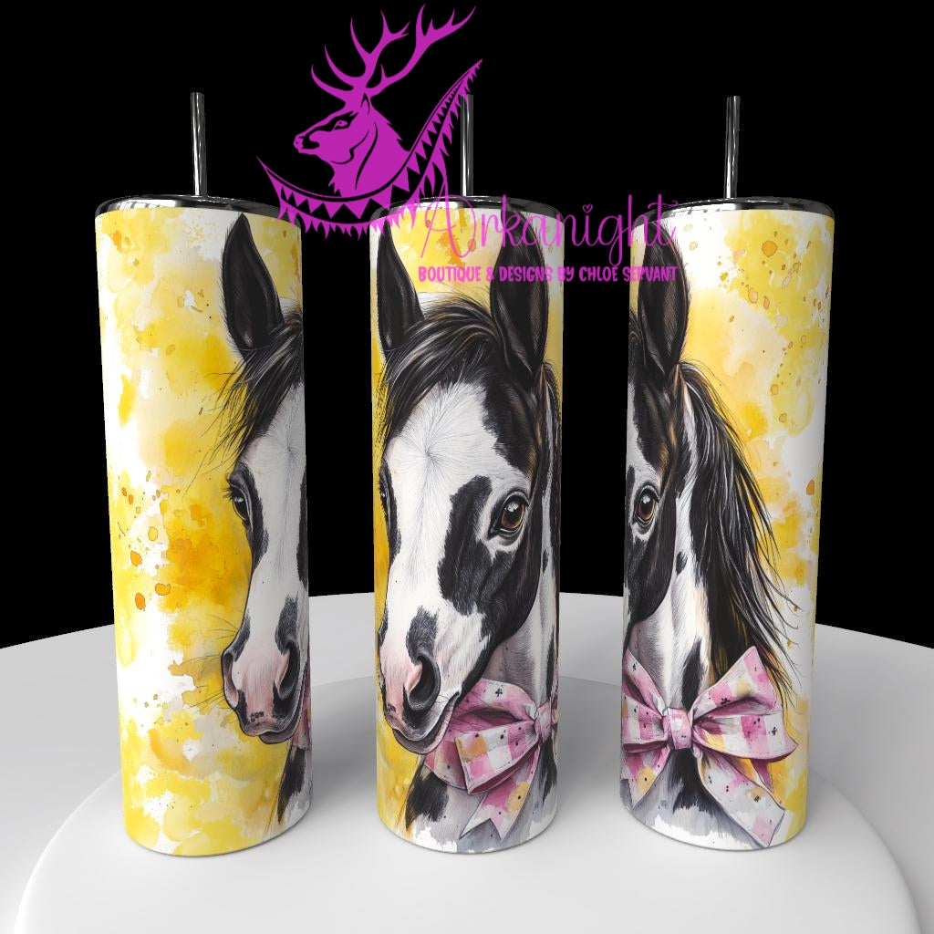 Gourde sur commande - Watercolor Realism - Pouliche Paint Horse Noire/Blanche - Teinte jaune / Boucle rose