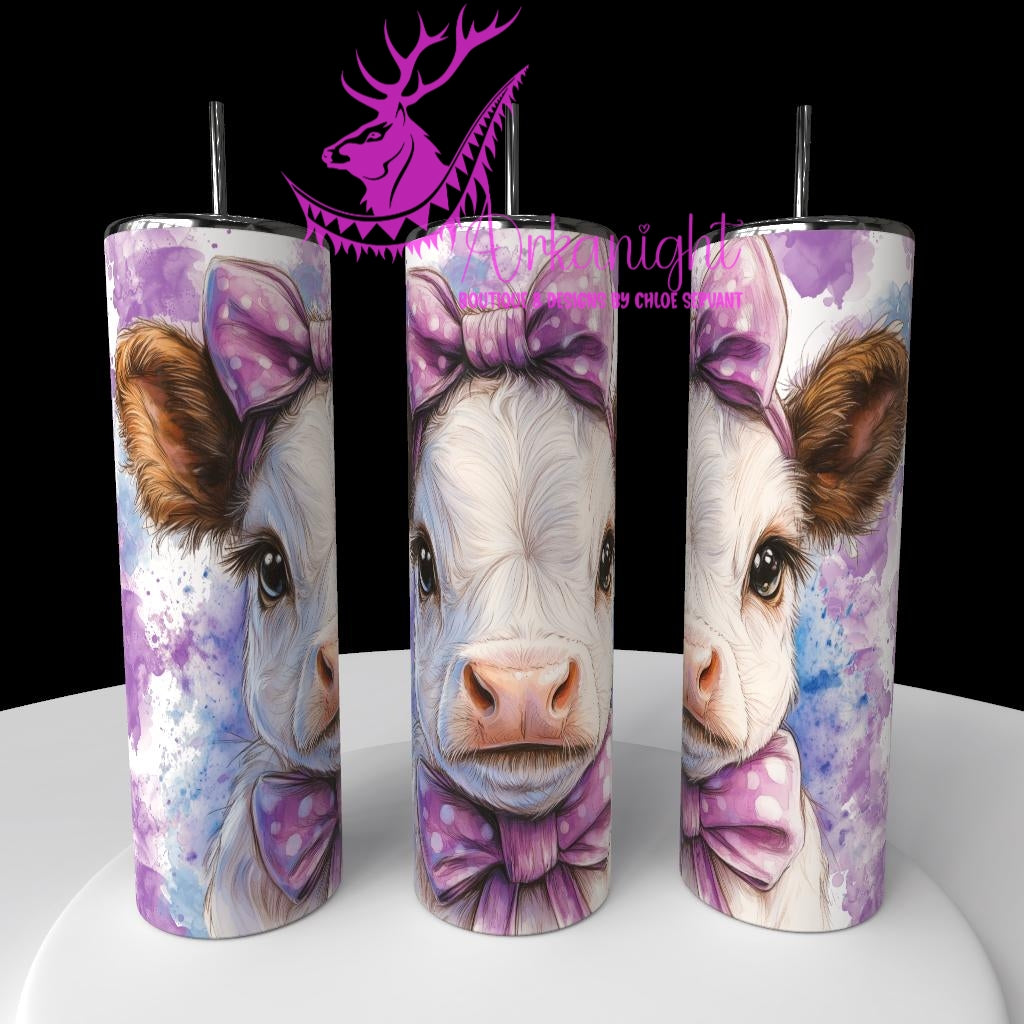 Gourde sur commande - Watercolor Realism - Vache Highland Blanche & tan - Teinte de Lilas et de bleu Pastel