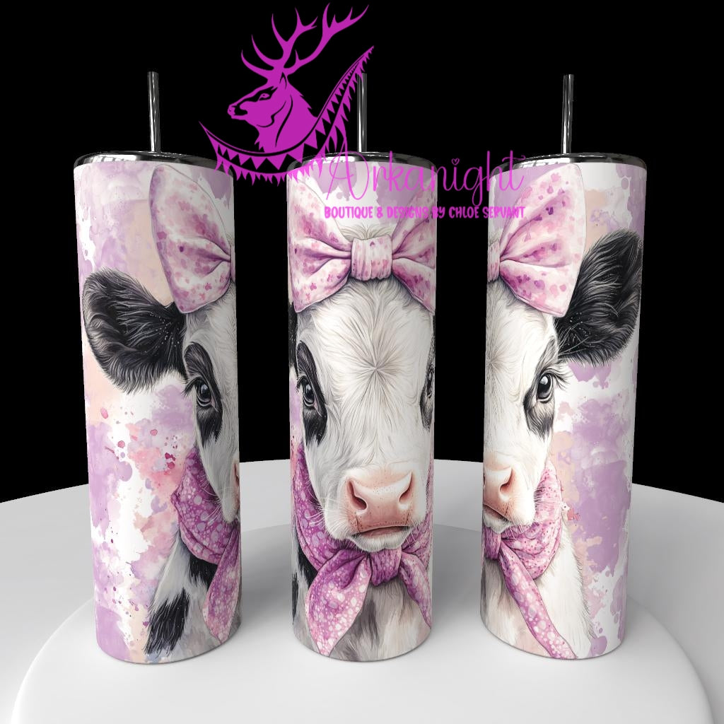 Gourde sur commande - Watercolor Realism - Vache Holstein- Teinte rose/Mauve/ Boucle rose/Mauve