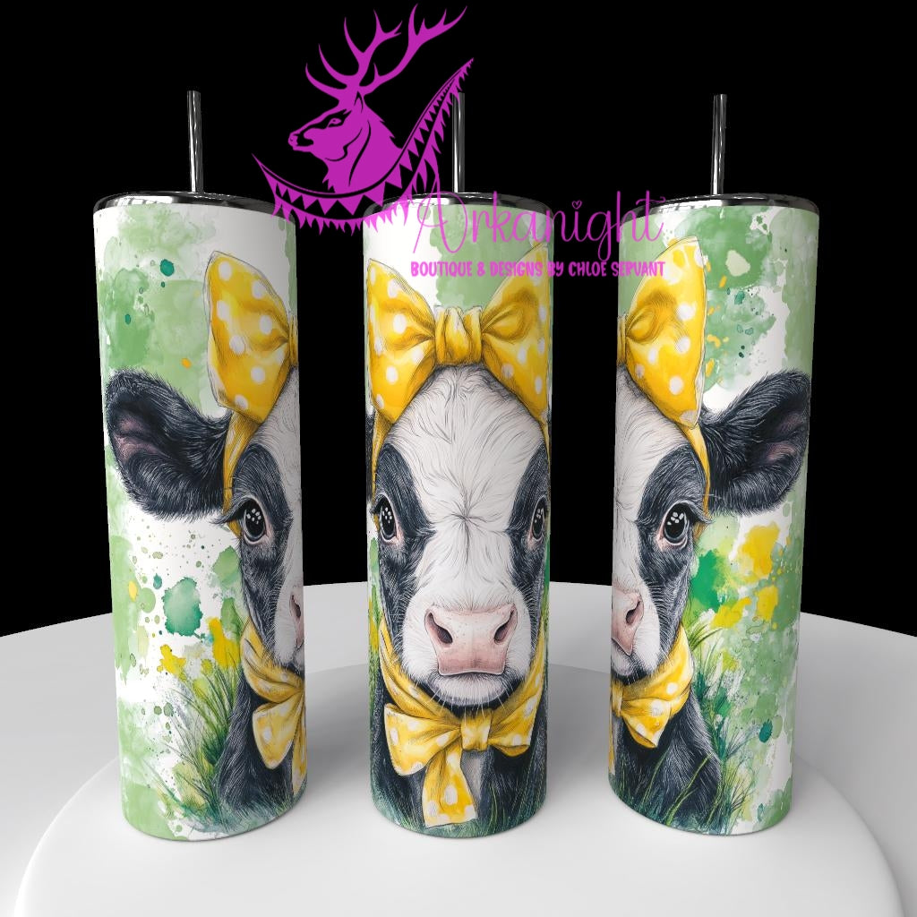 Gourde sur commande - Watercolor Realism - Vache Holstein - Teinte Vert/ Boucle Jaune