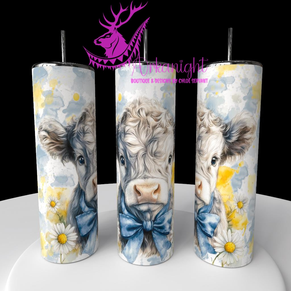 Gourde sur commande - Collection Western 2026 - Watercolor Realism - Vache Highland Grise & blanche - Teinte de Gris et Jaune