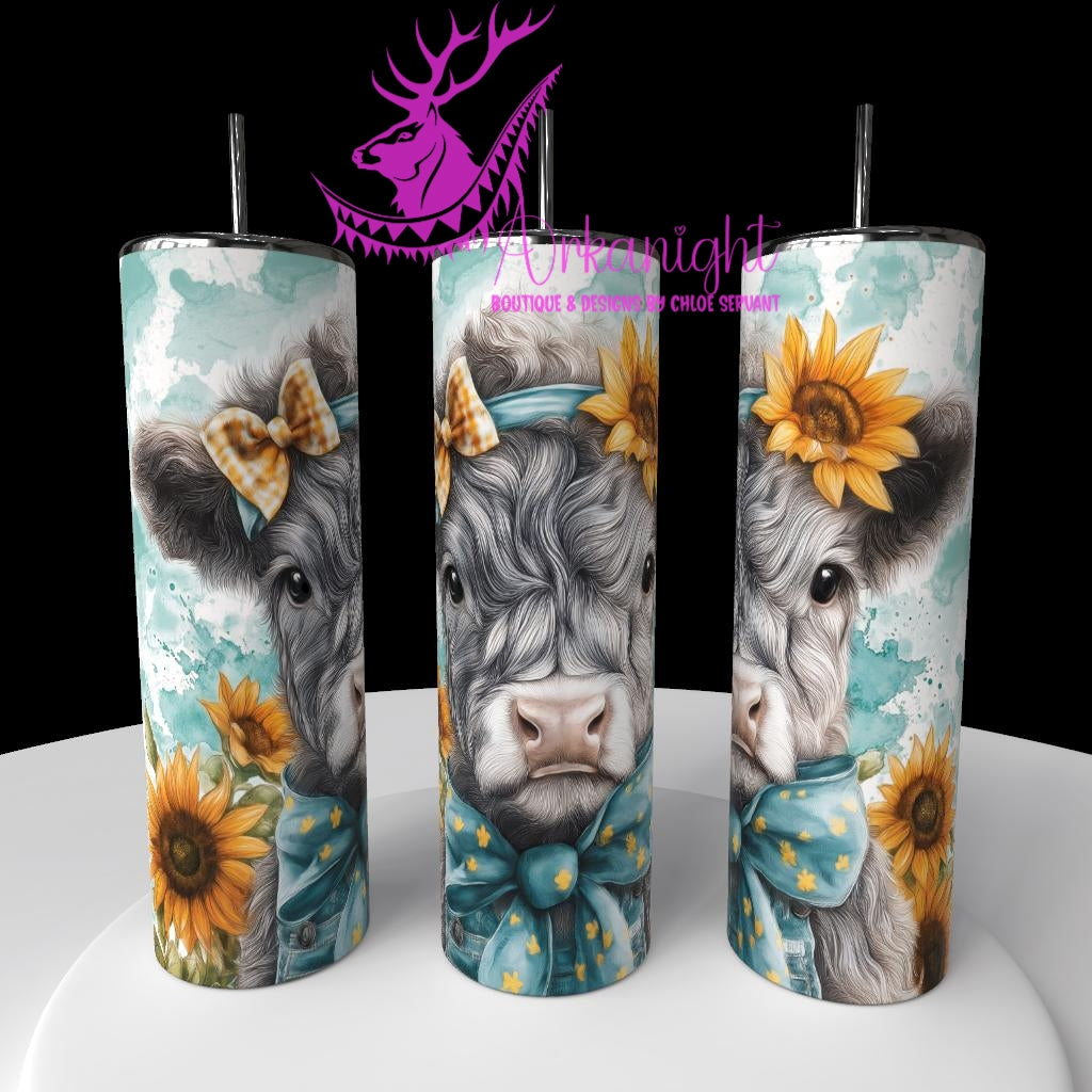 Gourde sur commande - Collection Western 2026 - Watercolor Realism - Vache Highland Grise - Teinte Sarcelle et Sunflower
