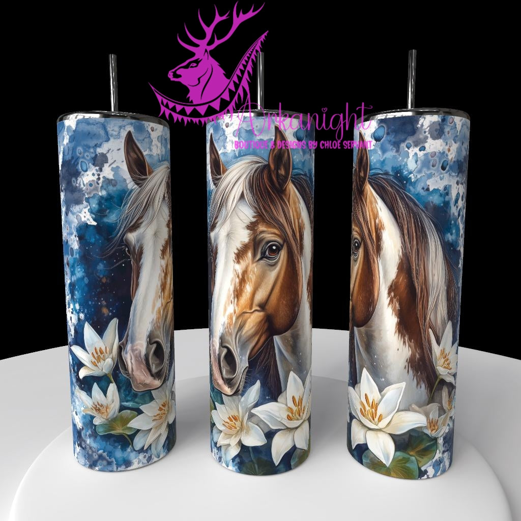Gourde sur commande - Collection Western 2026 - Watercolor Realism - Cheval Paint Horse Brun & Blanc - Teinte de bleu marin
