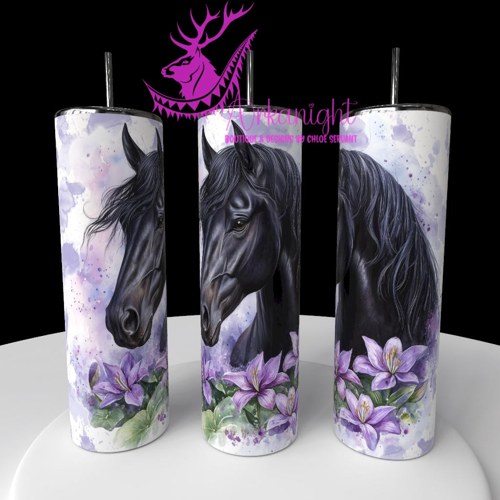 Gourde sur commande - Collection Western 2026 - Watercolor Realism - Cheval Noir Jais - Teinte de Mauve Lilas