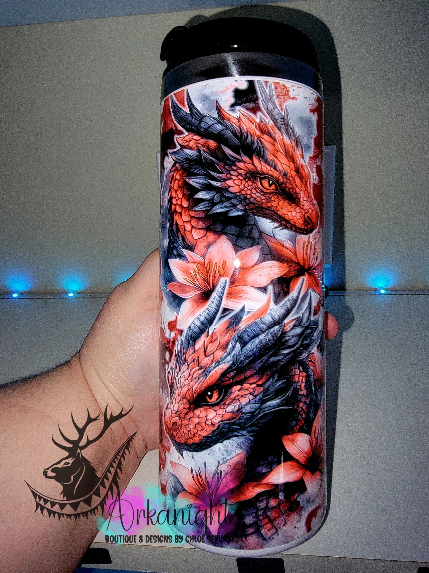 Gourde sur commande - Couvercle à café - 14 oz - Collection Fantaisie 2026 - Dragon Realism - Noir & Rouge Pompier