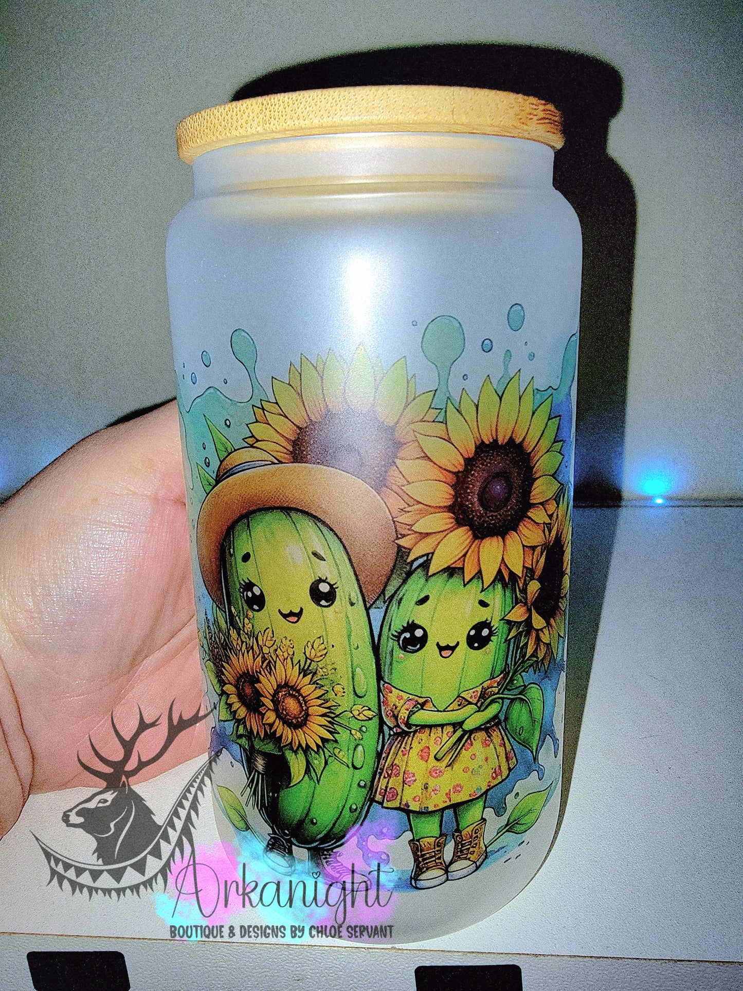 Verre en vitre givré 16oz & Couvercle en Bambou - Collection Cornichon été - Couple Sunflower