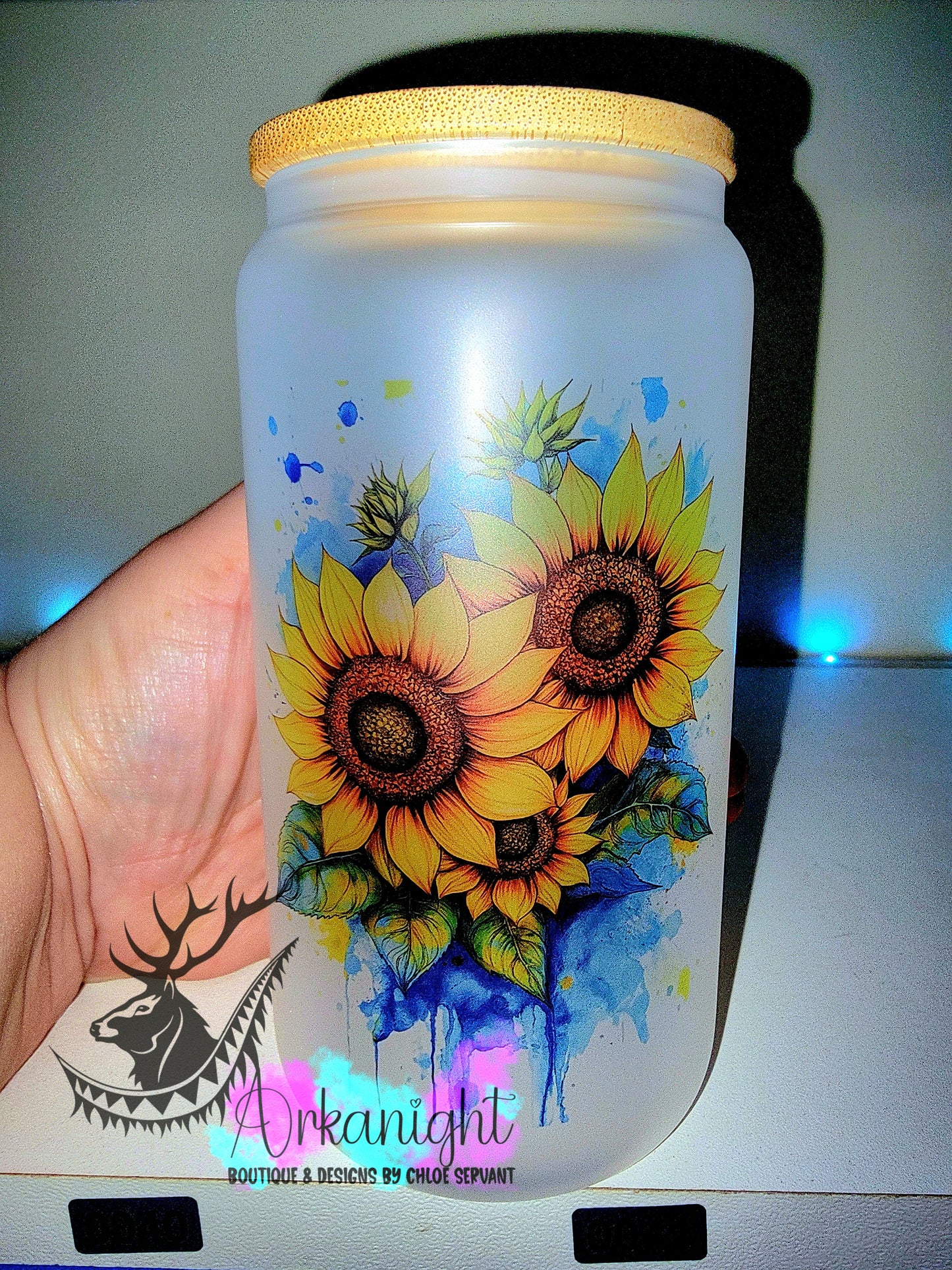 Verre en vitre givré 16oz & Couvercle en Bambou - Sunflower- Teinte de bleu