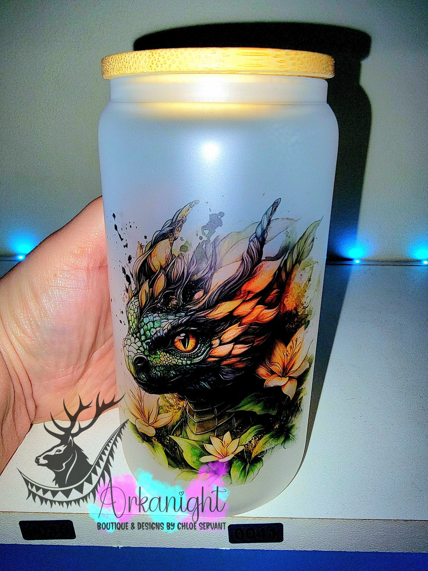 Verre en vitre givré 16oz & Couvercle en Bambou - Collection Fantaisie 2026 - Dragon realism - Noir , Vert Forêt & Or