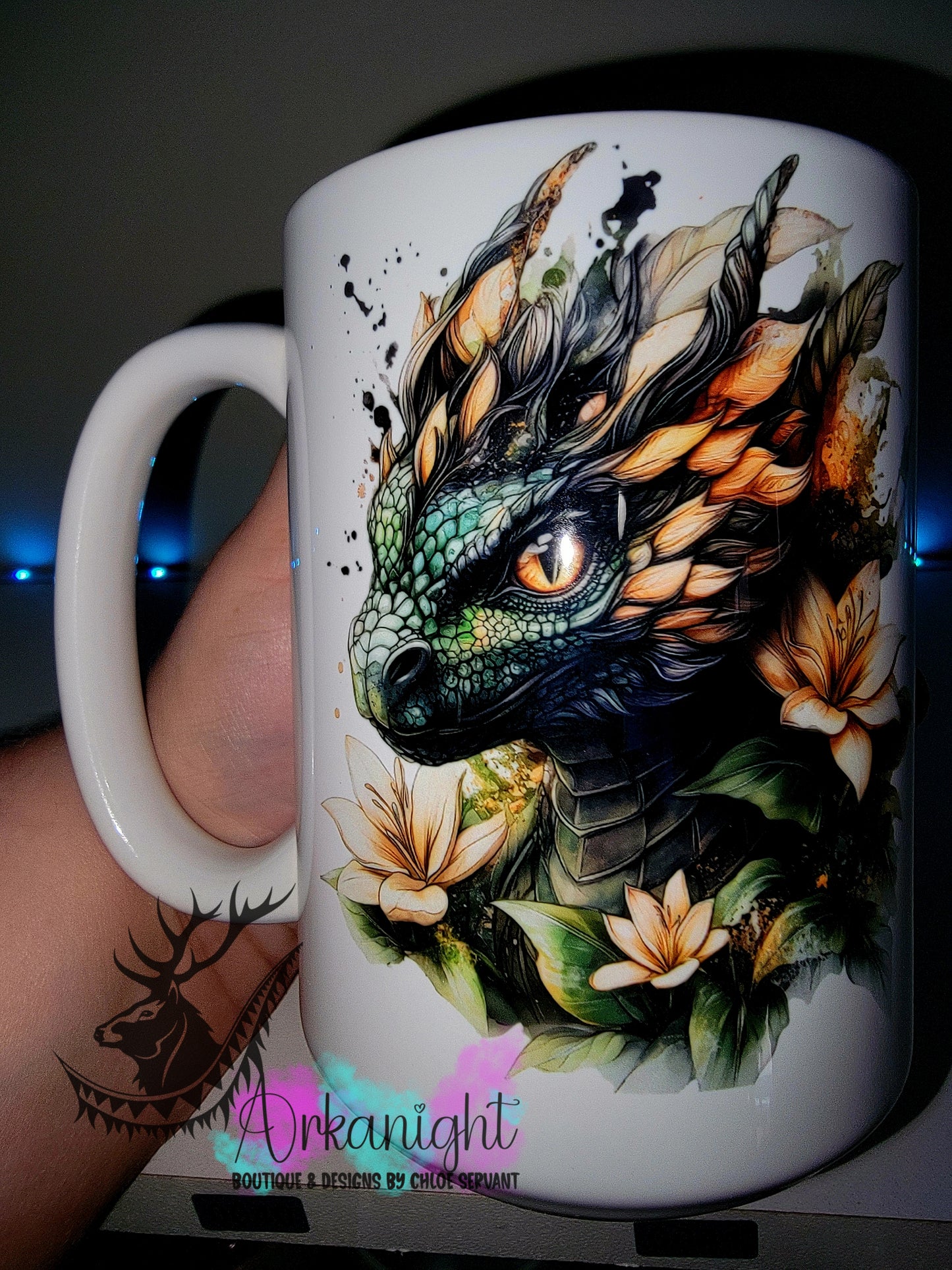 Tasse en céramique sur commande - Collection Fantaisie 2026 - Dragon - Noir , Vert Forêt & Or