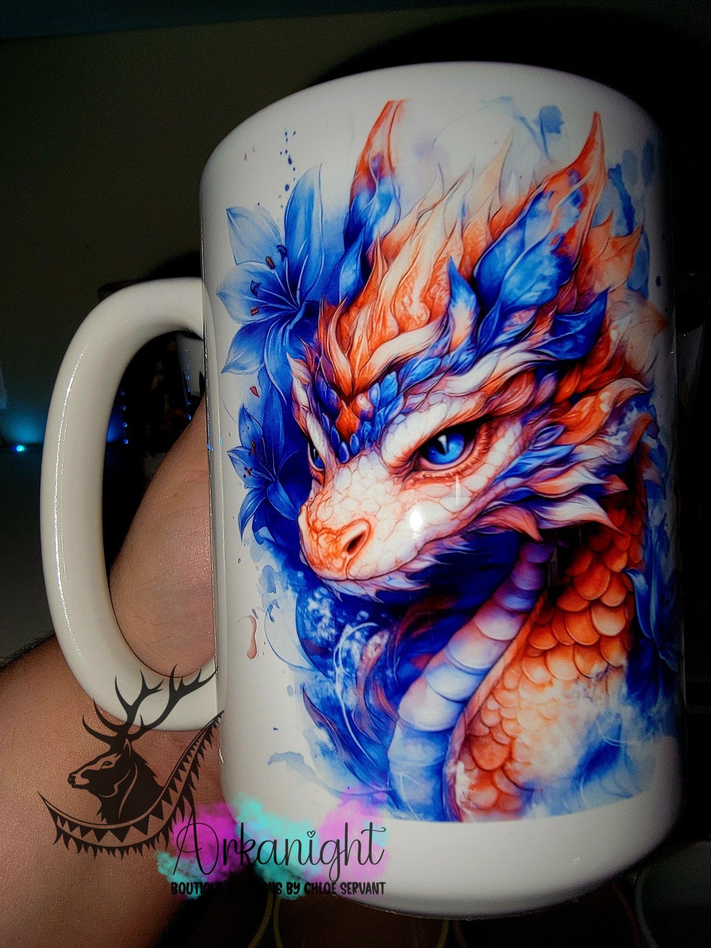 Tasse en céramique sur commande - Collection Fantaisie 2026 - Dragon - Rouge , Bleu & Blanc