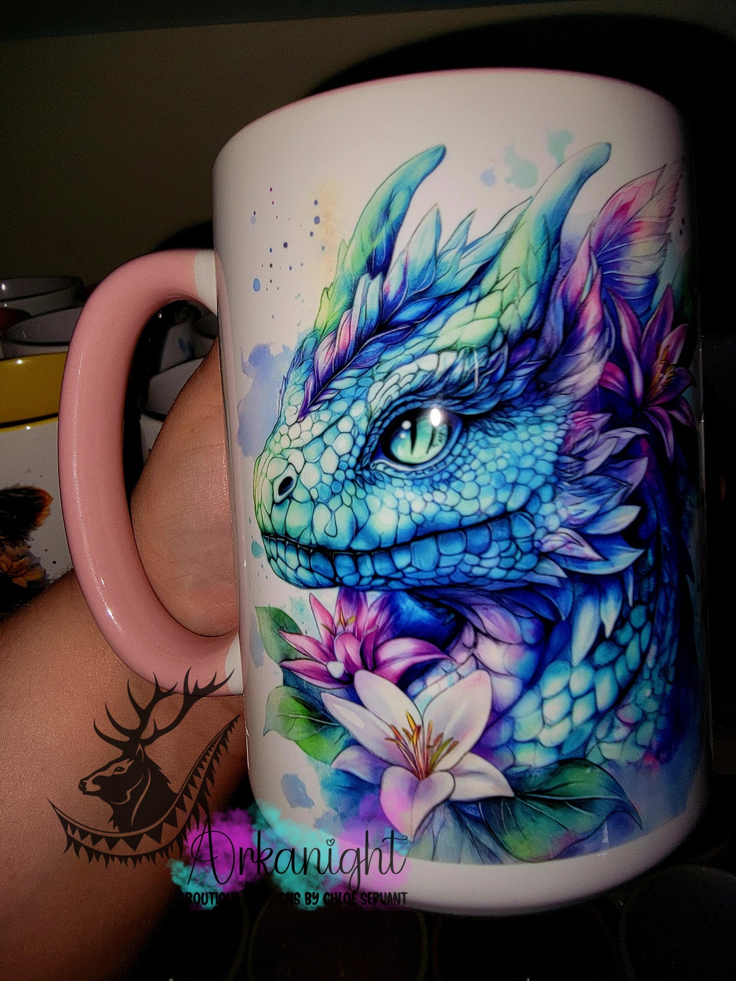 Tasse en céramique sur commande - Collection Fantaisie 2026 - Dragon - Cian, Vert Menthe & Mauve