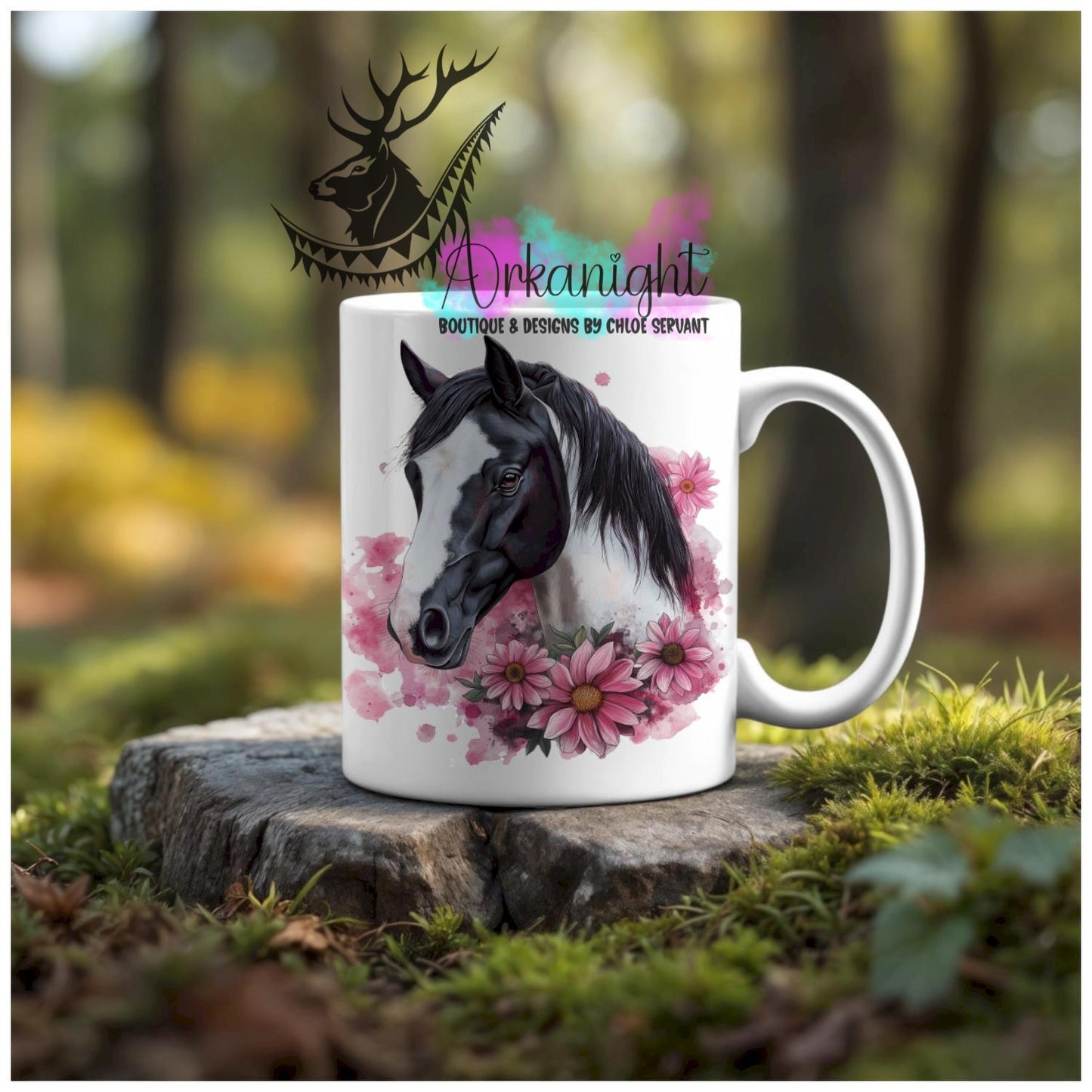 Numérique - Tasse en céramique - Western 2026 - Cheval Paint Horse Noir & Blanc - Teinte de rose Barbie