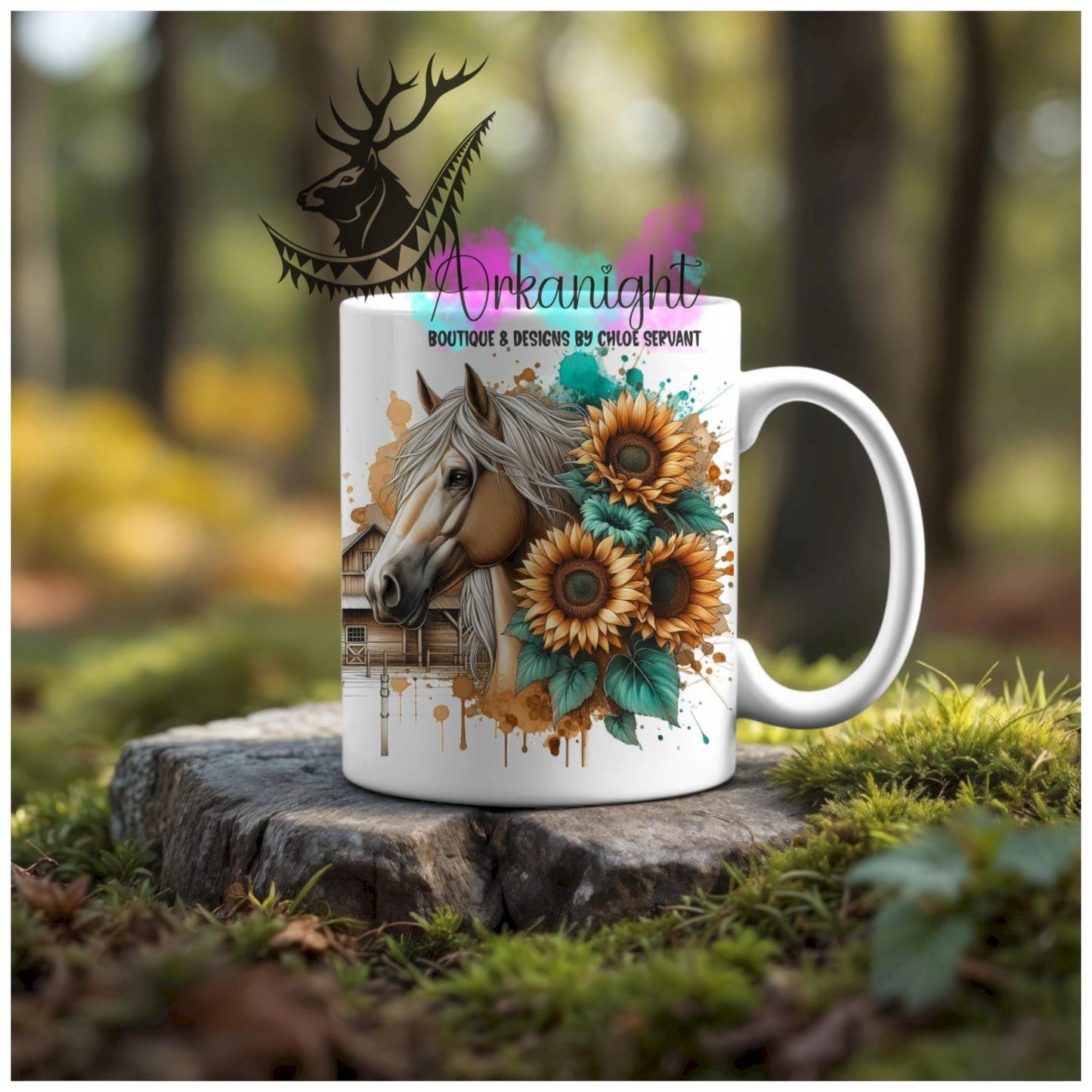 Numérique - Tasse en céramique - Western 2026 - Cheval Palomino - Barn & Sunflowers