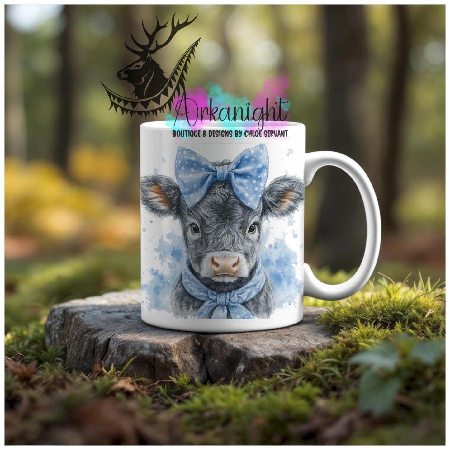 Numérique - Tasse en céramique - Western 2026 - Vache Highland Grise & Blanche - Teinte de bleu