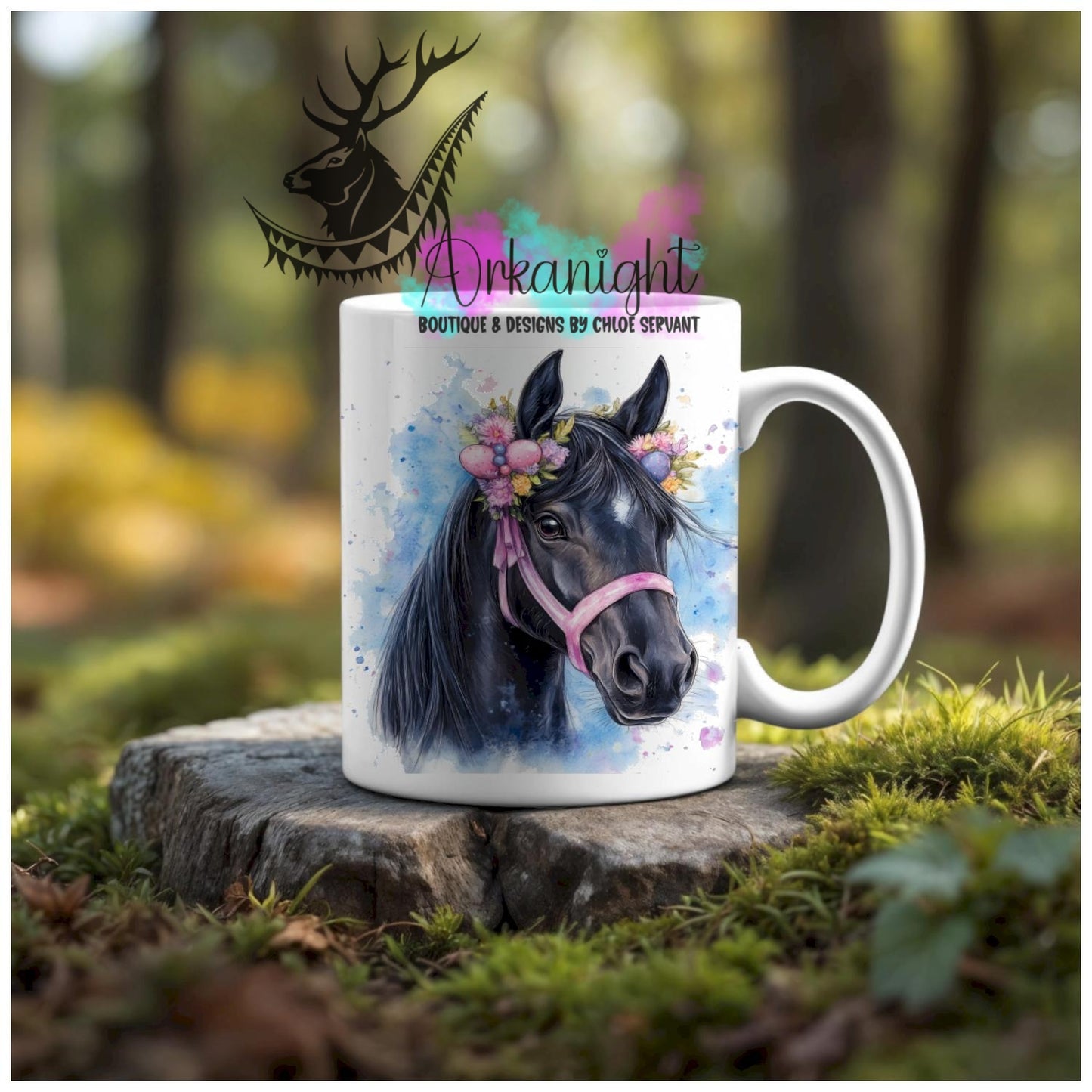 Numérique - Tasse en céramique - Western 2026 - Cheval Noir - Teinte de rose et bleu