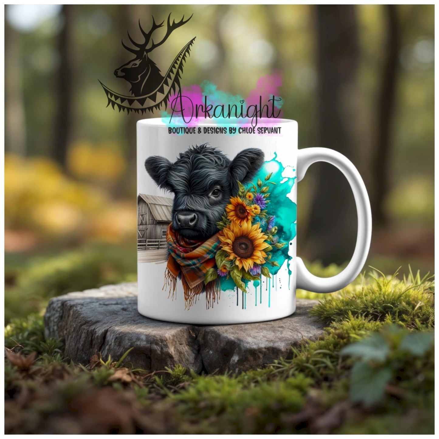 Numérique - Tasse en céramique - Western 2026 - Vache Highland Noir - Barn & Sunflower - turquoise