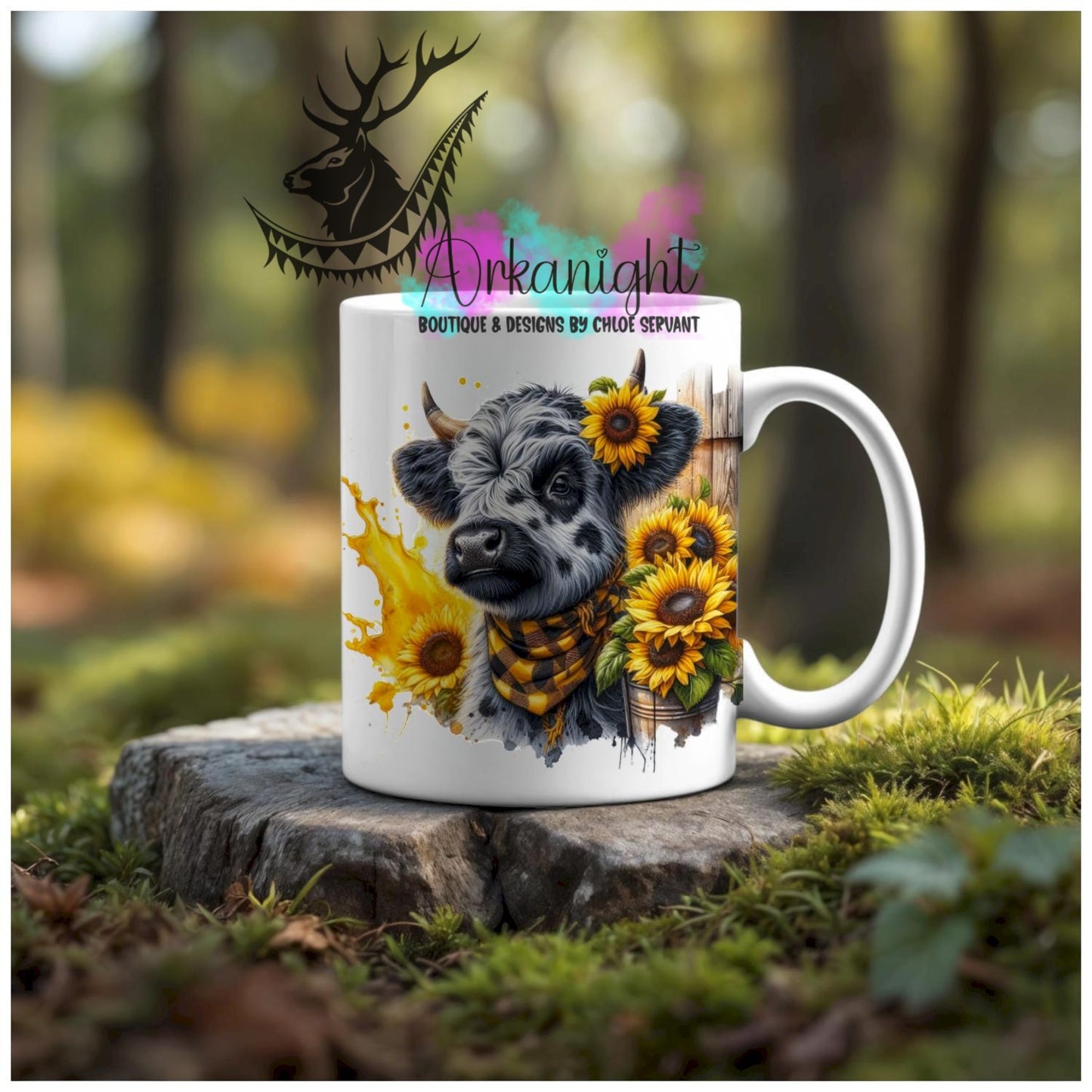 Numérique - Tasse en céramique - Western 2026 - Vache Highland Noir & blanche Spoted - Barn & sunflower - jaune