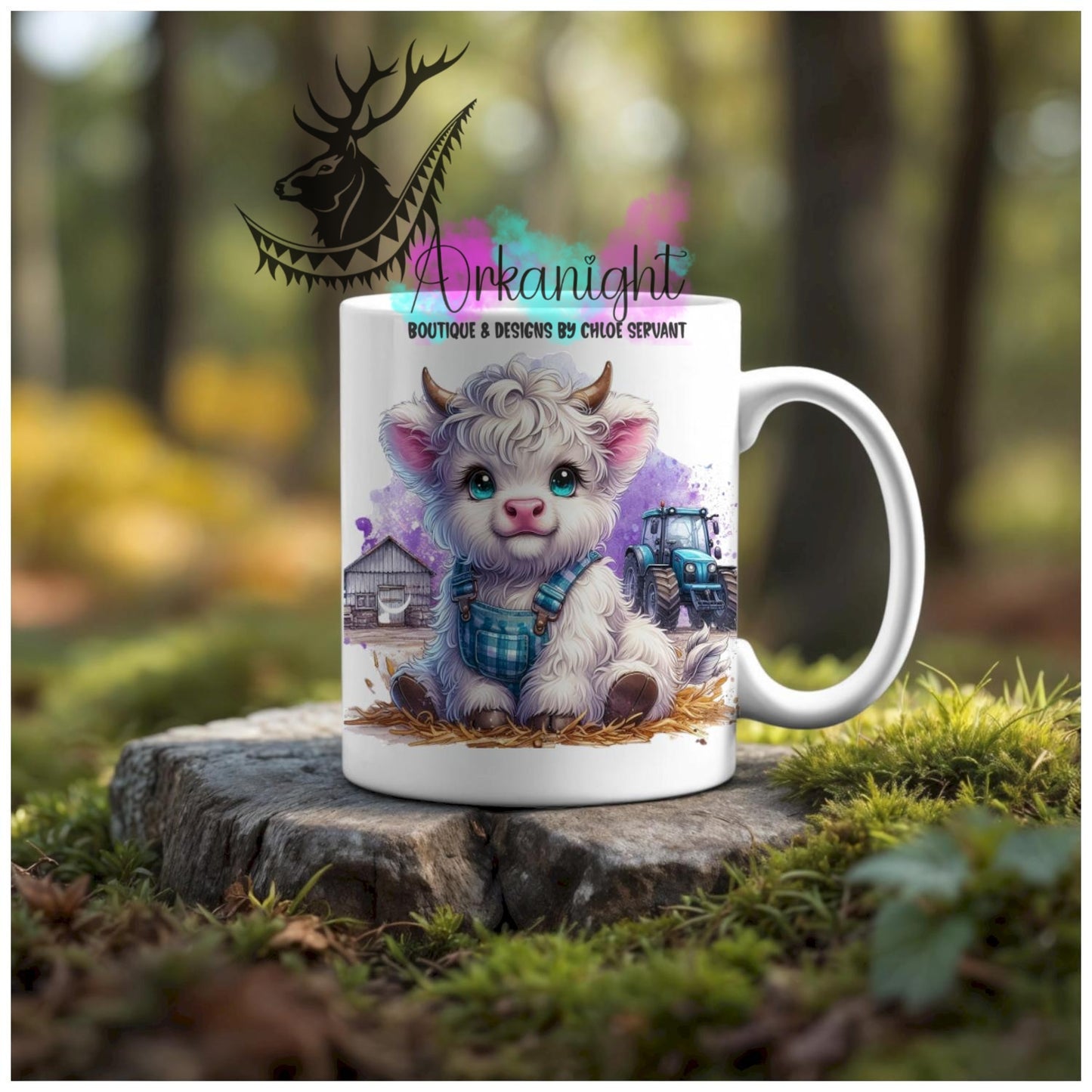 Numérique - Tasse en céramique - Collection Illustration Vache Métiers & Occupations - Vache Highland Blanche - Farmer - Teinte de Mauve -02
