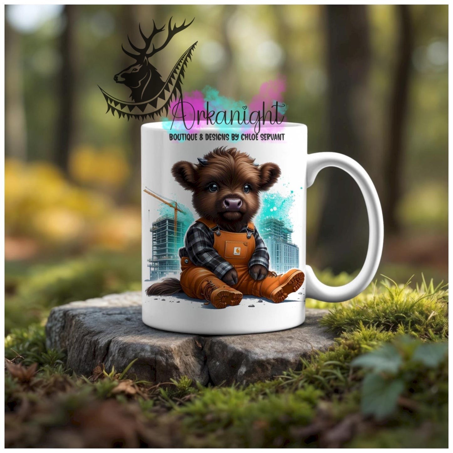 Numérique - Tasse en céramique - Collection Illustration Vache Métiers & Occupations - Vache Highland Brune Foncé & Noire - Construction - Turquoise - 03